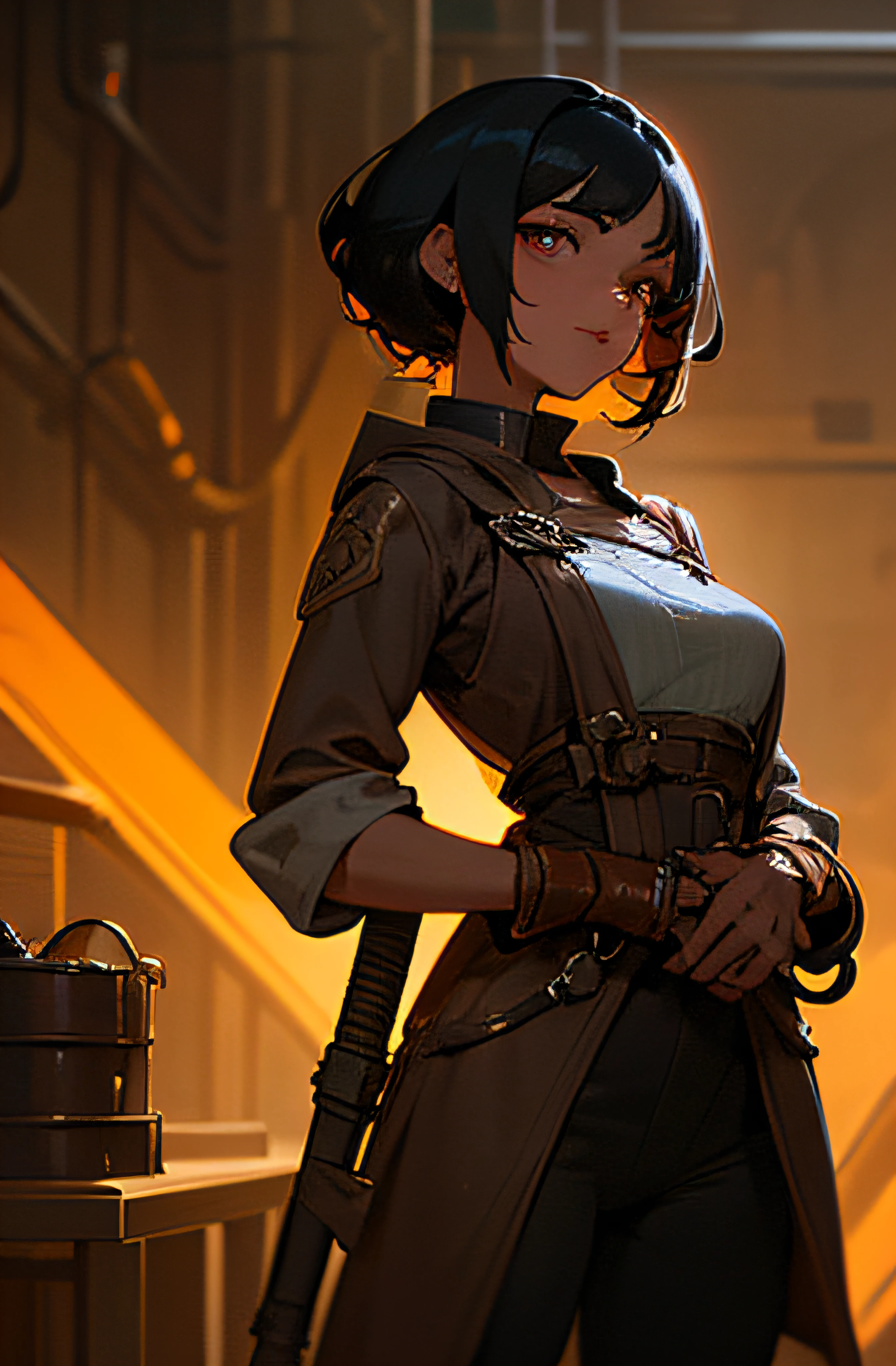 Brown toned woman with short straight black hair with a slight curl at the end and tipped orange, she is a DND artificer, her eyes have gears for irises, she is wearing basic mechanic clothing and holding wrench, casting mechanical magic in a dimly lit room.