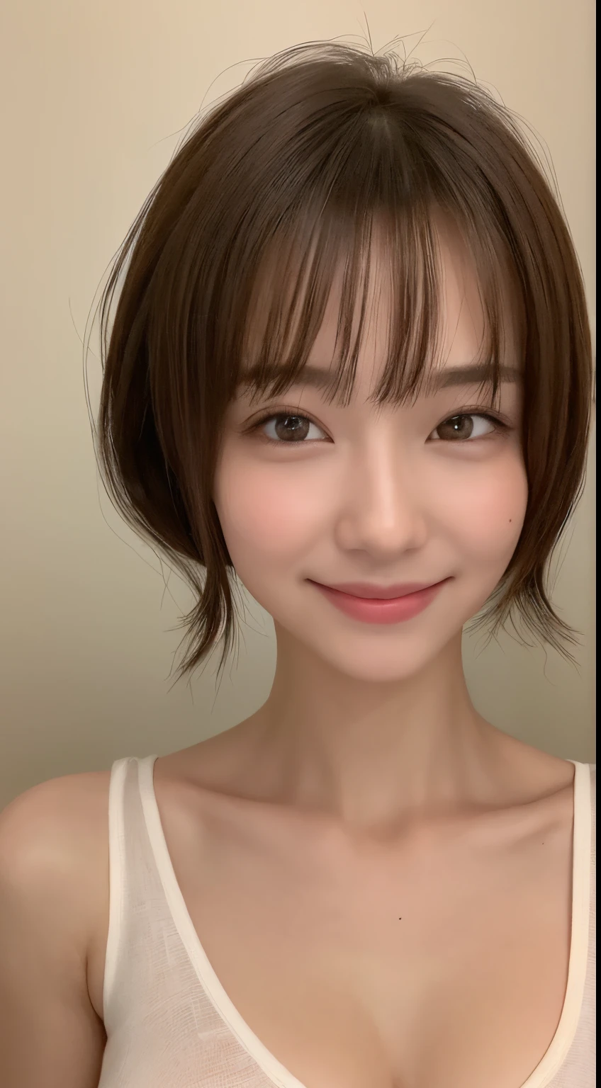 ((The highest image quality, 8K, tmasterpiece:1.3)), 1girl in, Beautiful woman with slender abs:1.3, (casual hairstyle, Leaky Big Breasts:1.2), Wearing, Ultra-fine face, A detailed eye, 二重まぶた,ssmile,Home