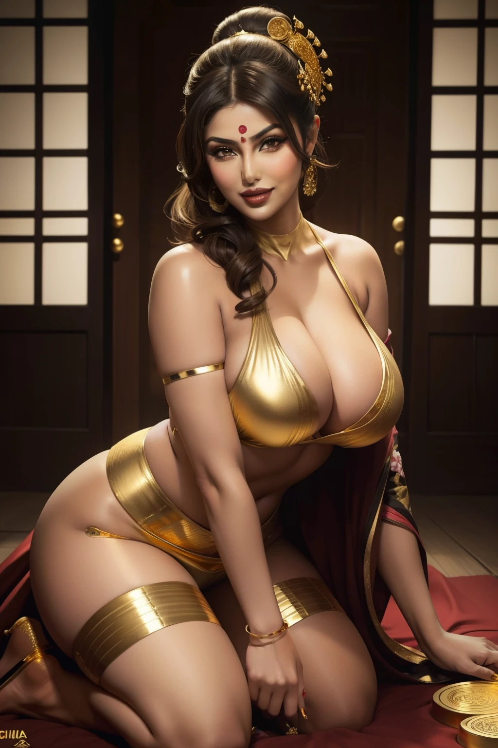lucy pinder, smiling, ((very intense makeup)), voluptuous woman, Geisha, ((only gold lipstick)), priyanka chopra