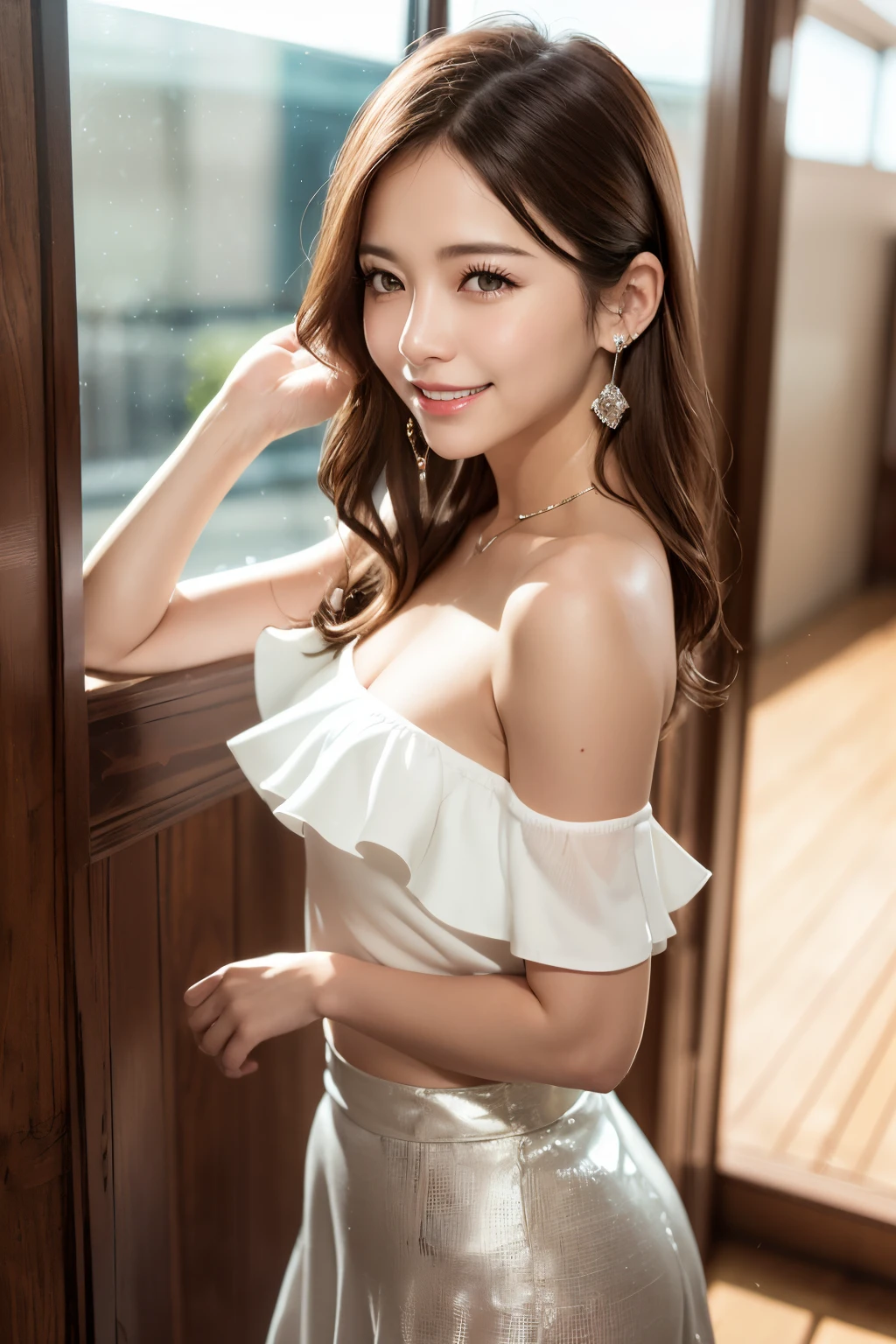 highest quality, masterpiece, Ultra-high resolution, realistic:1.3, solo:1.3, ((Clear Face)), cowboy shot:1.1, from front, leaning forward, (glowing skin), (looking at camera:1.3), (white Wrap top, black leather skirt), standing in room, leaning forward, (medium chest:1.3), long hair, smile, soft brightness