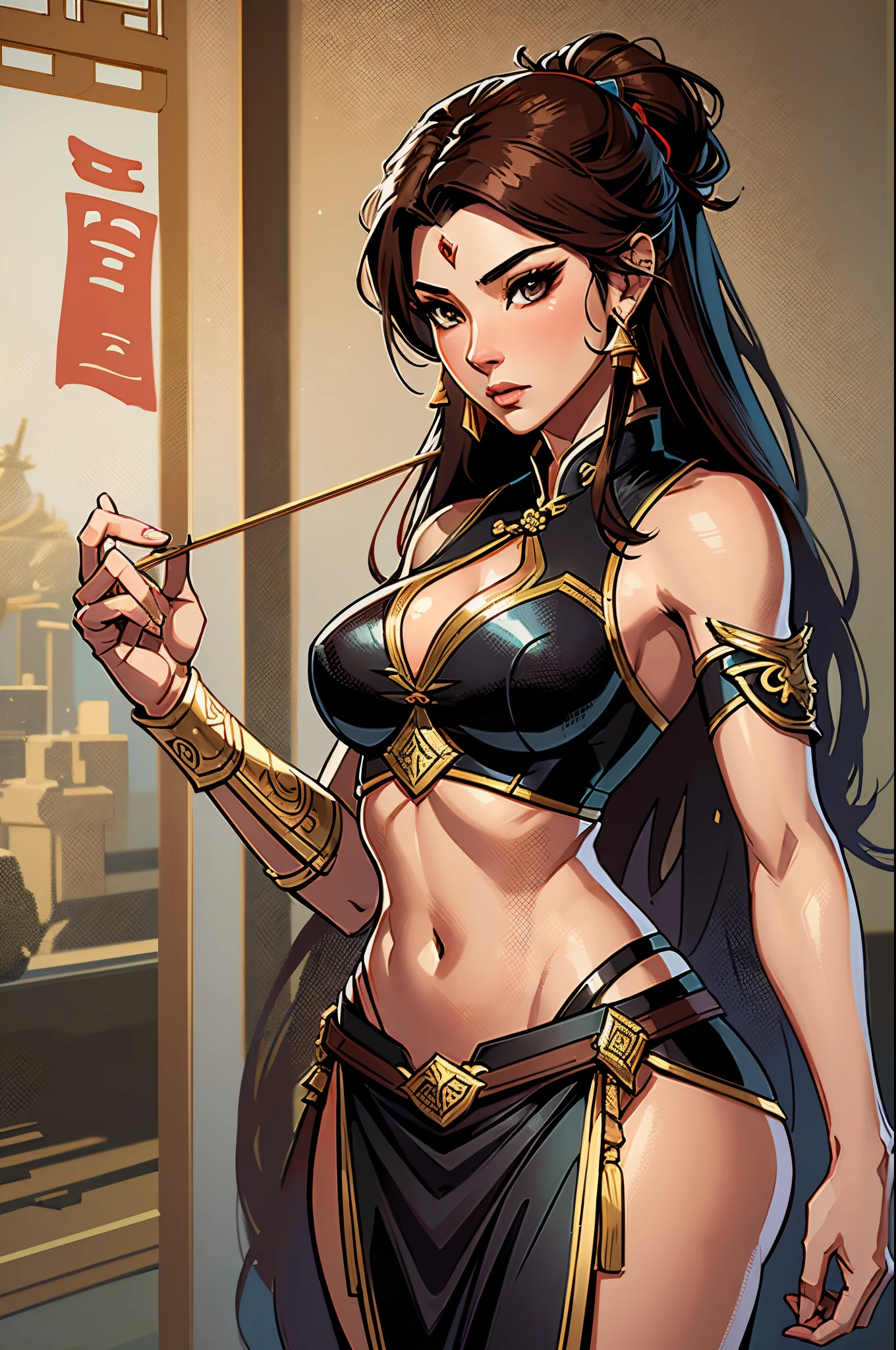 a close up of a strong amazon woman in her 30's, with brown eyes and brown hair, wearing a black and tan belly dancer clothes, a heroine with brown eyes, female holding bow and arrow, female archer with bow and arrow, standing in a japanese temple, new costume concept design, in the style of blade and soul, full body character concept, detailed character design, inspired by Yang Jin, inspired by Li Mei-Shu, chinese costume, inspired by Lan Ying, inspired by Sim Sa-Jeong, inspired by Li Tang, lunar themed attire, costume with gold accents, inspired by Ju Lian, colored concept art, highly detailed character design, highly detailed face, inspired by Ai Xuan, very highly detailed face, unreal engine render, final fantasy 14 style, inspired by Leng Mei