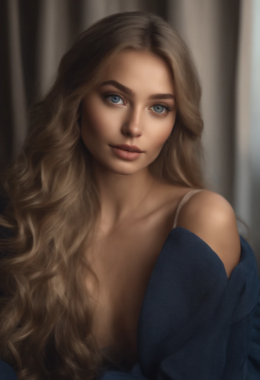 Arafed Full Woman, Sexy girl with blue eyes, , ultra realistic, meticulously detailed, portrait of Sophie Mudd, blonde hair and big eyes, selfie of a young woman, Violet Myers, no makeup, Natural makeup, looking directly at the camera, artgram facial, subtle makeup, Stunning full body photo kneeling on bed, in bedroom, Medium and large chest, allowing face to be seen clearly, portrait
