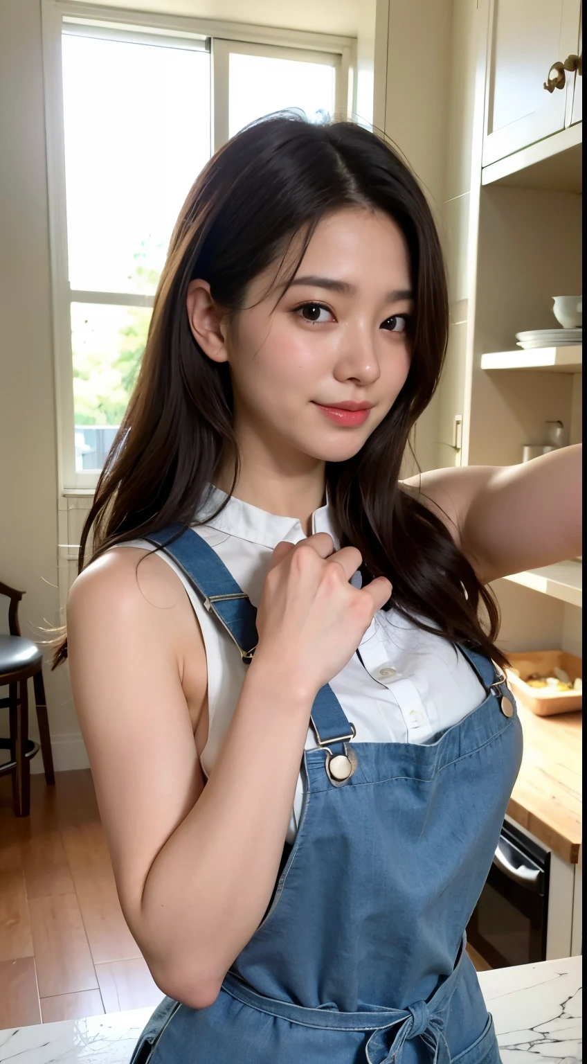 Woman cooking、(kitchin_pinafore:1.Wear 3)、pretty hand、4K、hight resolution、tmasterpiece、Top quality people々、Wear a cap:1.3、((Hasselblad Photo Grapp))、Thin skin、foco nítido、(lighting like a movie)、Soft lighting、Ungle dinámico、[:(Detal Face:1.2):0.2]、Bigchest、A lot of moisture spills out of the skin:1.2、(((in a kitchen))) Adorable smile　Viewer's POV　Colossal tits　tying  hair　Sleeveless　Stretch your upper arms　Shoulder Extension　cleaning　Large kitchen　Beautiful kitchen　wine glasses　posterior view　Behind　rug　Lift and tie hair, Confront ,  Her face, White liquid on your face