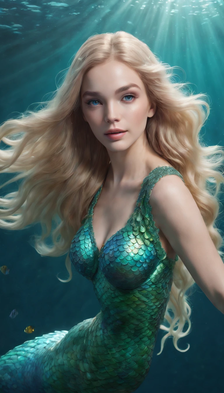 (professional 3d render:1.3) ((Mermaid swims all over)) (Realistic:1.3) most beautiful artwork photo in the world,(((Blond long hair))), ((Blue eyes)), Caucasians, ((long mermaid tail)), (((Detailed mermaid fins))), full body, sport, Features: Soft and shiny, ((Epic mermaid fantasy long hair in dynamic pose, Full tail, Fantastic location, Majestic cluttered environment)), full body 8k unity render, action shot, skin pore, heavyshading, Detailed, Detailed face, (vibrant, photograph realistic, Realistic, Dramatic, Dark, Sharp focus, 8K), (fish scales:1.4), ((((Mermaid tail)))), (Intricate:1.4), decadent, (Highly detailed:1.4), Digital painting, rendering by octane, art stations, concept-art, smooth, Sharp focus, illustration, Art germ, (loish:0.23), (Global illumination, Studio light, volumetic light), Underwater, rays from the surface, Ocean, fantasy, mermaid, ((Sea backgroun:1.3)),CGSesociety,art stations, shoal of fish