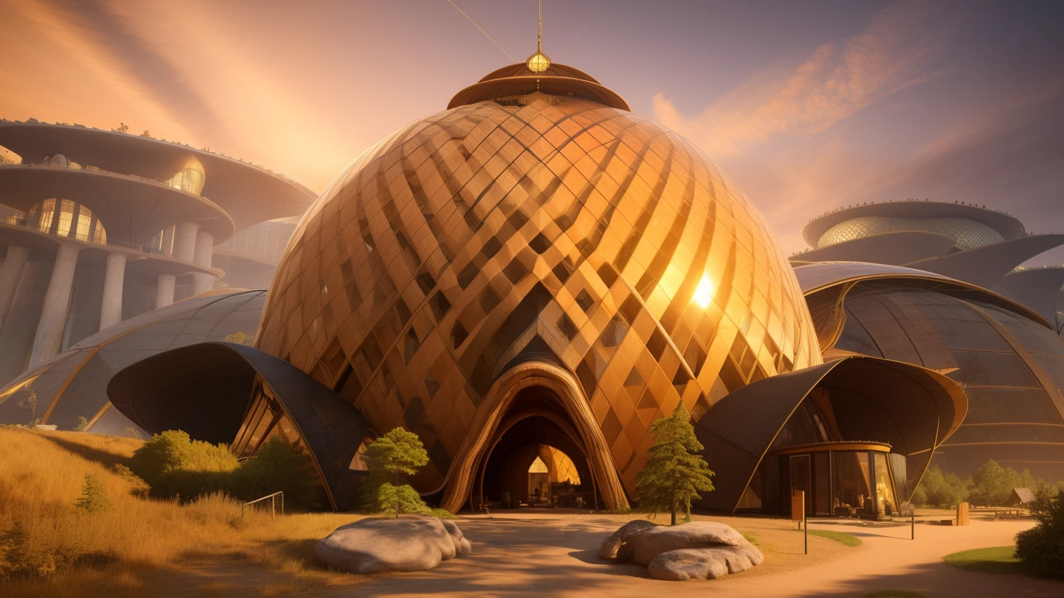 un gros plan d'a large structure in woods with a cheminée, Vincent Callebaut, Composition de Vincent Callebaut, artstation hq”, Architecture SolarPunk, Domespace, art conceptuel de zootopie, Futuristic Dome, Bip de rendu 3D, rolands zilvinskis 3d render art, Geodesic Architecture, Dôme géodésique et y embeder un logo hotok
