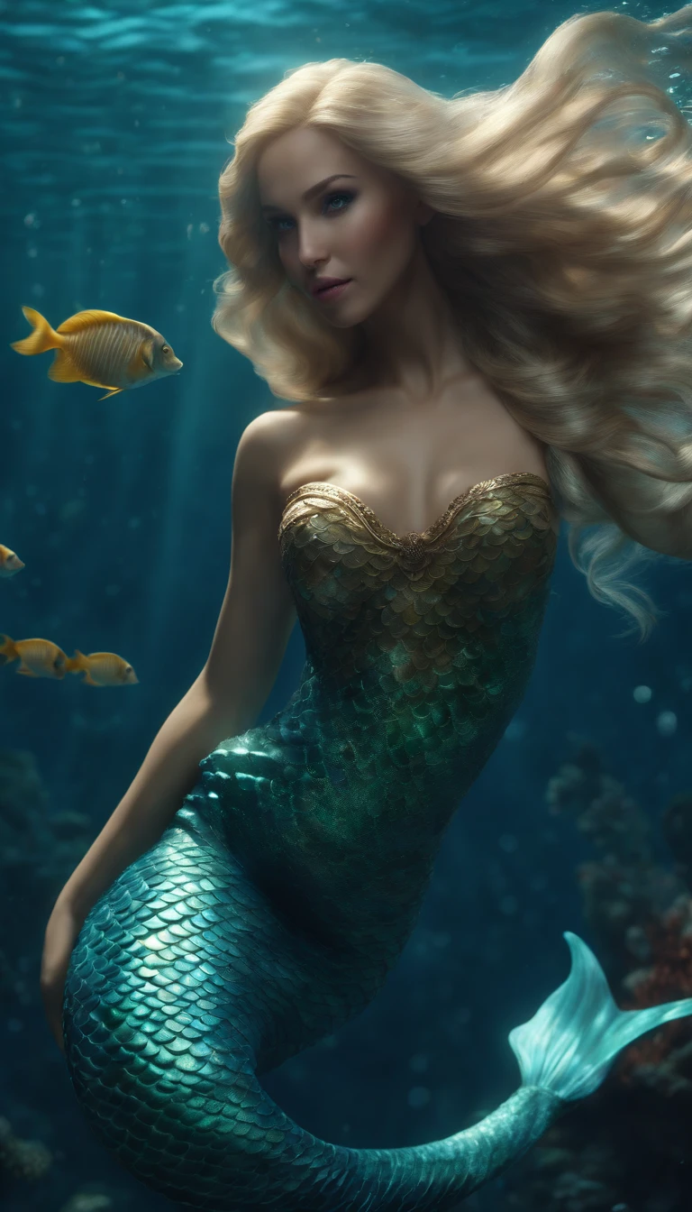 (professional 3d render:1.3) ((Mermaid swims all over)) (Realistic:1.3) most beautiful artwork photo in the world，(((Blond long hair))), ((Blue eyes)), Caucasians, ((long mermaid tail)), (((Detailed mermaid fins))), full body, sport, Features: Soft and shiny, ((Epic mermaid fantasy long hair in dynamic pose, Full tail, Fantastic location, Majestic cluttered environment)), full body 8k unity render, action shot, skin pore, heavyshading, Detailed, Detailed face, (vibrant, photograph realistic, Realistic, Dramatic, Dark, Sharp focus, 8K), (fish scales:1.4), ((((Mermaid tail)))), (Intricate:1.4), decadent, (Highly detailed:1.4), Digital painting, rendering by octane, art stations, concept-art, smooth, Sharp focus, illustration, Art germ, (loish:0.23), (Global illumination, Studio light, volumetic light), Underwater, rays from the surface, Ocean, fantasy, mermaid, ((Sea backgroun:1.3)),CGSesociety,art stations, shoal of fish