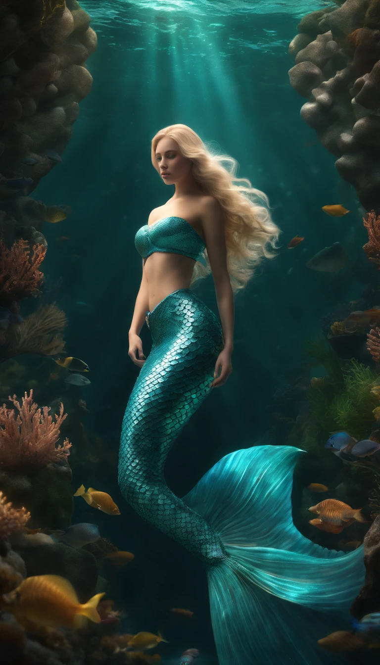 (professional 3d render:1.3) ((Mermaid swims all over)) (Realistic:1.3) most beautiful artwork photo in the world,(((Blond long hair))), ((Blue eyes)), Caucasians, ((long mermaid tail)), (((Detailed mermaid fins))), full body, sport, Features: Soft and shiny, ((Epic mermaid fantasy long hair in dynamic pose, Full tail, Fantastic location, Majestic cluttered environment)), full body 8k unity render, action shot, skin pore, heavyshading, Detailed, Detailed face, (vibrant, photograph realistic, Realistic, Dramatic, Dark, Sharp focus, 8K), (fish scales:1.4), ((((Mermaid tail)))), (Intricate:1.4), decadent, (Highly detailed:1.4), Digital painting, rendering by octane, art stations, concept-art, smooth, Sharp focus, illustration, Art germ, (loish:0.23), (Global illumination, Studio light, volumetic light), Underwater, rays from the surface, Ocean, fantasy, mermaid, ((Sea backgroun:1.3)),CGSesociety,art stations, shoal of fish