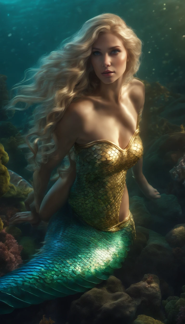 (professional 3d render:1.3) ((Mermaid swims all over)) (Realistic:1.3) most beautiful artwork photo in the world,(((Blond long hair))), ((Blue eyes)), Caucasians, ((long mermaid tail)), (((Detailed mermaid fins))), full body, sport, Features: Soft and shiny, ((Epic mermaid fantasy long hair in dynamic pose, Full tail, Fantastic location, Majestic cluttered environment)), full body 8k unity render, action shot, skin pore, heavyshading, Detailed, Detailed face, (vibrant, photograph realistic, Realistic, Dramatic, Dark, Sharp focus, 8K), (fish scales:1.4), ((((Mermaid tail)))), (Intricate:1.4), decadent, (Highly detailed:1.4), Digital painting, rendering by octane, art stations, concept-art, smooth, Sharp focus, illustration, Art germ, (loish:0.23), (Global illumination, Studio light, volumetic light), Underwater, rays from the surface, Ocean, fantasy, mermaid, ((Sea backgroun:1.3)),CGSesociety,art stations, shoal of fish