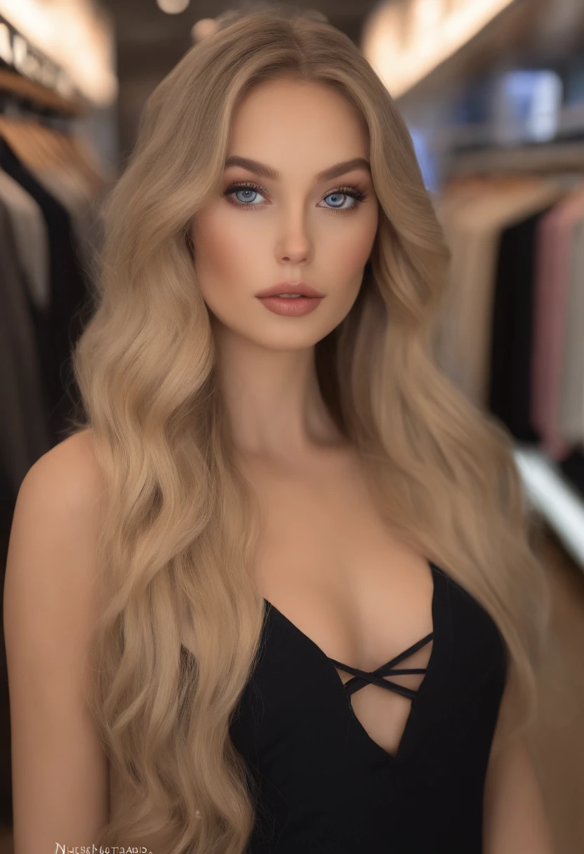 Arafed Full Woman, Sexy girl with blue eyes, , ultra realistic, meticulously detailed, portrait of Sophie Mudd, blonde hair and big eyes, selfie of a young woman, Violet Myers, no makeup, Natural makeup, looking directly at the camera, artgram facial, subtle makeup, Stunning full body photo in a shopping mall clothing store, Medium and large chest, allowing the face to be seen clearly, portrait