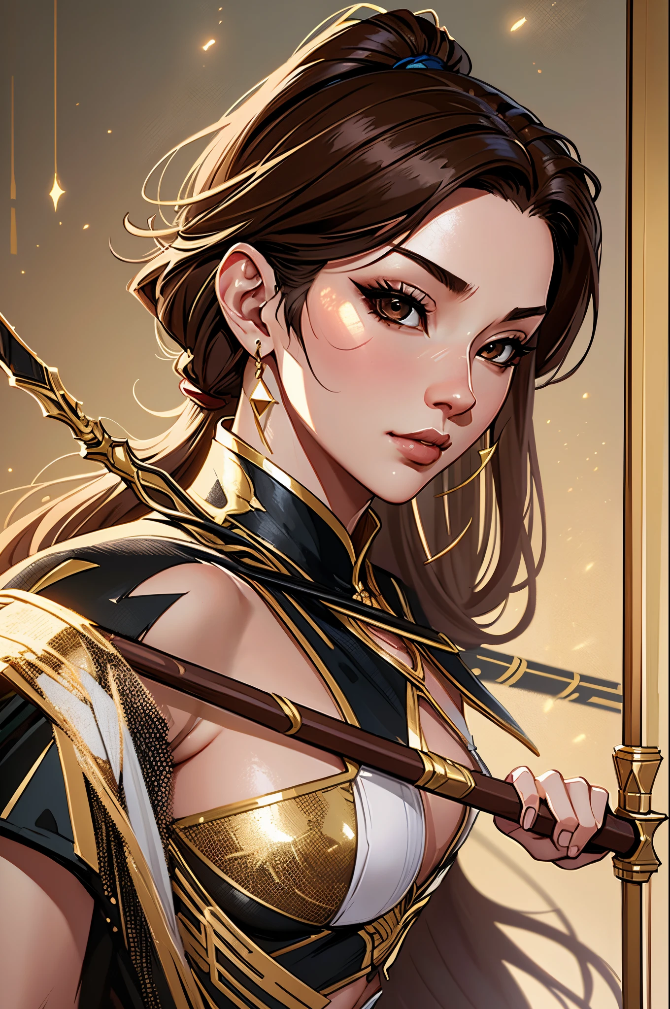a close up of a woman in her 30's, with brown eyes and brown hair, wearing a black and tan belly dancer clothes, a heroine with brown eyes, female holding bow and arrow, female archer with bow and arrow, standing in a japanese temple, new costume concept design, in the style of blade and soul, full body character concept, detailed character design, inspired by Yang Jin, inspired by Li Mei-Shu, chinese costume, inspired by Lan Ying, inspired by Sim Sa-Jeong, inspired by Li Tang, lunar themed attire, costume with gold accents, inspired by Ju Lian, colored concept art, highly detailed character design, highly detailed face, inspired by Ai Xuan, very highly detailed face, unreal engine render, final fantasy 14 style, inspired by Leng Mei