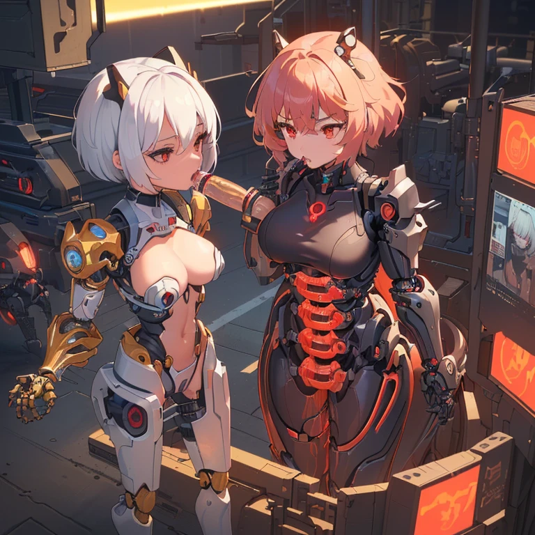 ((1 cyborg )),((different types of breasts, biomechanical breasts,((biomechanical pussy)),((giving a blowjob on a machine)),standing with raised high,((different types of hair short, red eyes)), a factory, at night,
