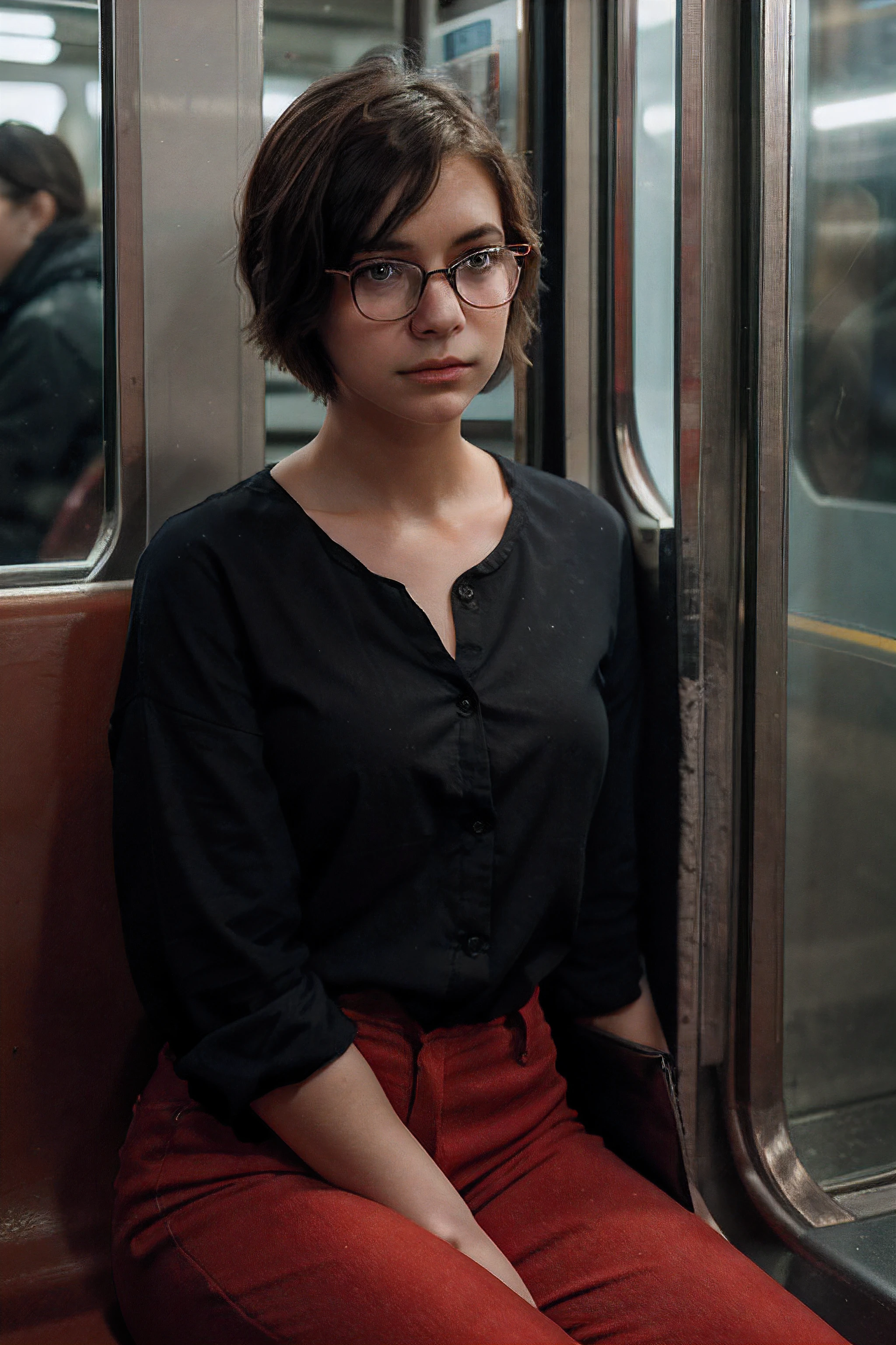 She is a woman in her early twenties, with an appearance that combines the classic elegance of Jenna Coleman with the touch of determination of Jill Valentine from Resident Evil. Her brown hair falls in soft curls to her shoulders, framing a delicate face adorned with expressive, piercing eyes. She wears 3D glasses. She has an intellectual charm to her look. She wears a white shirt with a car print. Her posture is happy, and her presence radiates a mixture of intelligence, courage, and grace. She's in a diner