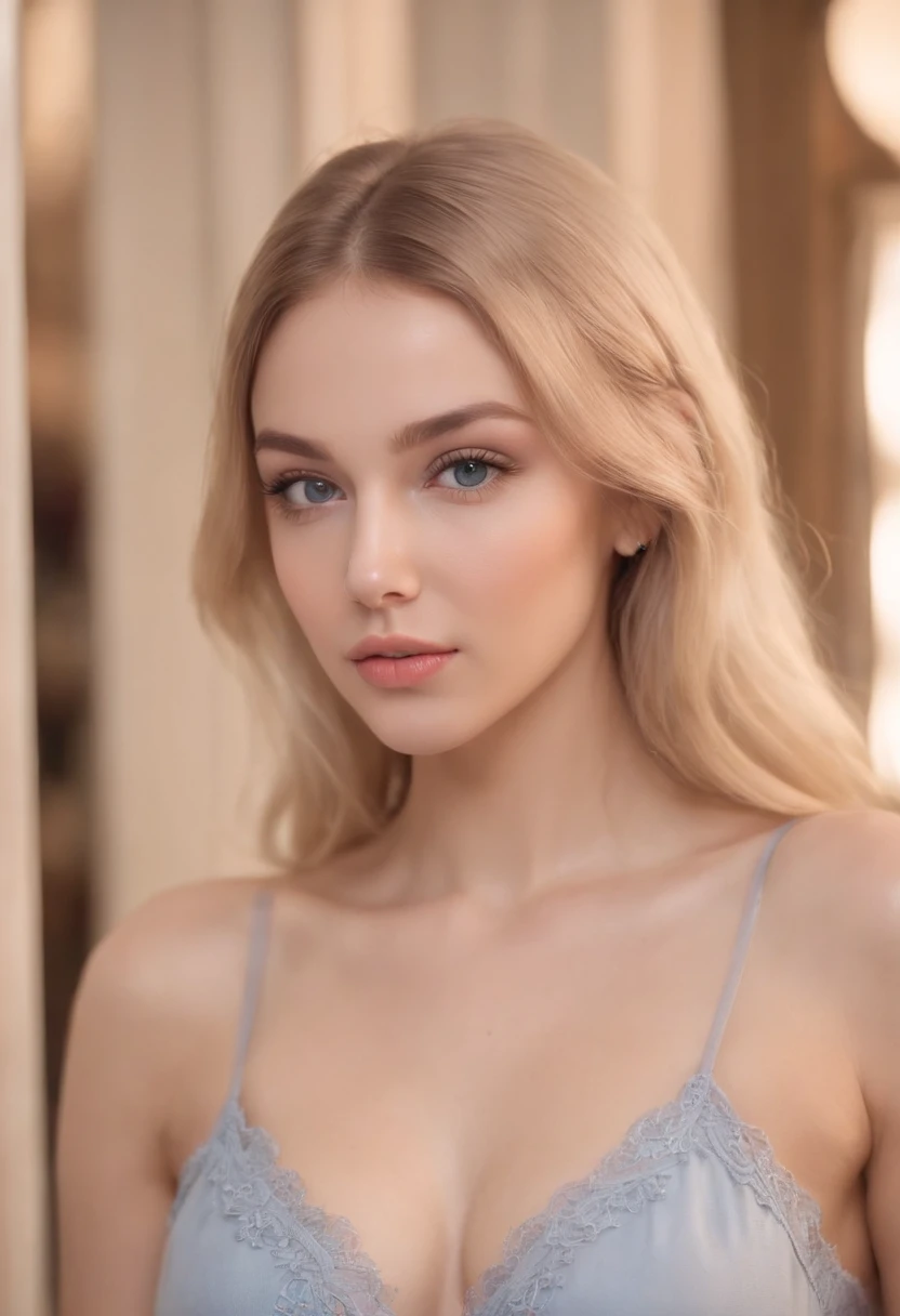 Arafed Full Woman, Sexy girl with blue eyes, , ultra realistic, meticulously detailed, portrait of Sophie Mudd, blonde hair and big eyes, selfie of a young woman, Violet Myers, no makeup, Natural makeup, looking directly at the camera, artgram facial, subtle makeup, Stunning full body photo in a shopping mall clothing store, Medium and large chest, allowing the face to be seen clearly, portrait