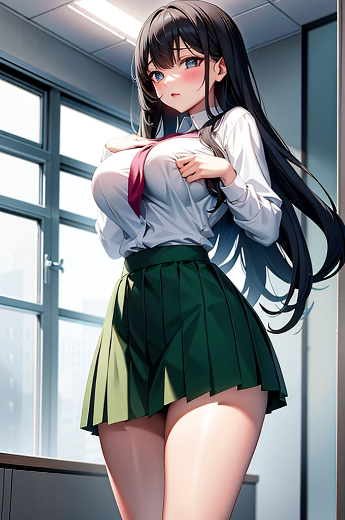 High school girl in white blouse and green checked skirt, green checked skirt, long black hair untied, pinched eyes, long eyelashes, well styled and quite large breasts, white underwear and skirt turned up, posing with large breasts emphasized, naughty large breasts, naughty thighs, naughty anime style, beautiful anime school girl, surrealistic school girl, surrealistic school girl, seductive anime girl, realistic school girl, large breasts emphasized, naughty anime style, naughty thighs, naughty thighs, smooth anime CG art, surrealistic school girl girl, seductive anime girl, realistic high school girl, smooth anime cg art, anime girl, beautiful anime high school girl, beautiful anime girl, beautiful attractive anime , naughty anime style, photorealistic anime girl rendering, breast being squeezed from behind beautiful girl being squeezed, beautiful girl being squeezed from behind,