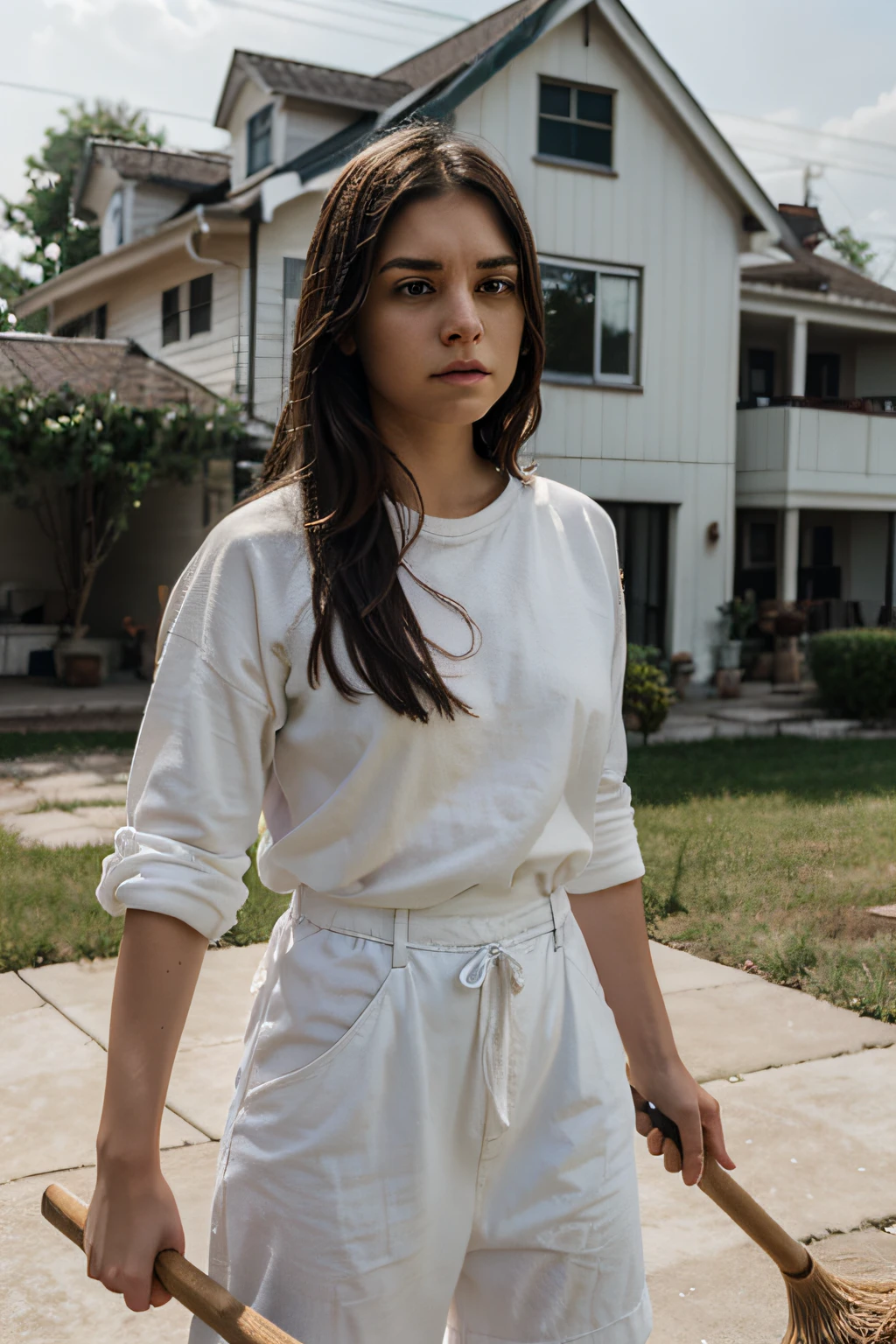 an angry young woman in her 20s, in white clothes holding a broom, blurred background of a house in the background, high definition, cinematic