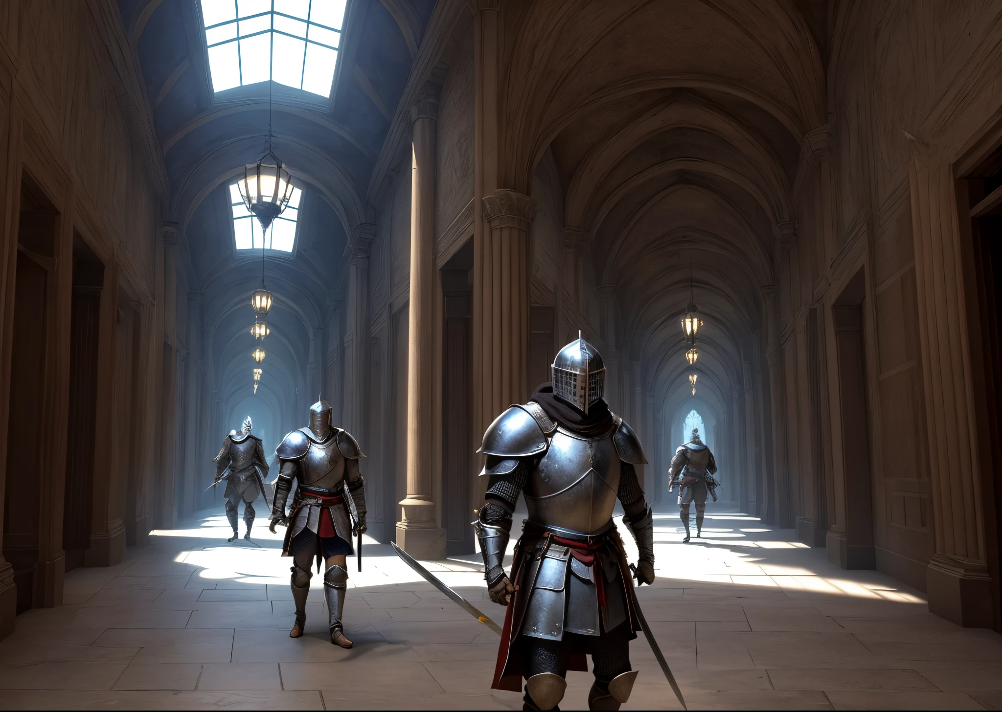 The Main Halls consist of a series of large halls. Knights can be seen patrolling the halls, they wear a suit of armor and wield a sword. Realistic