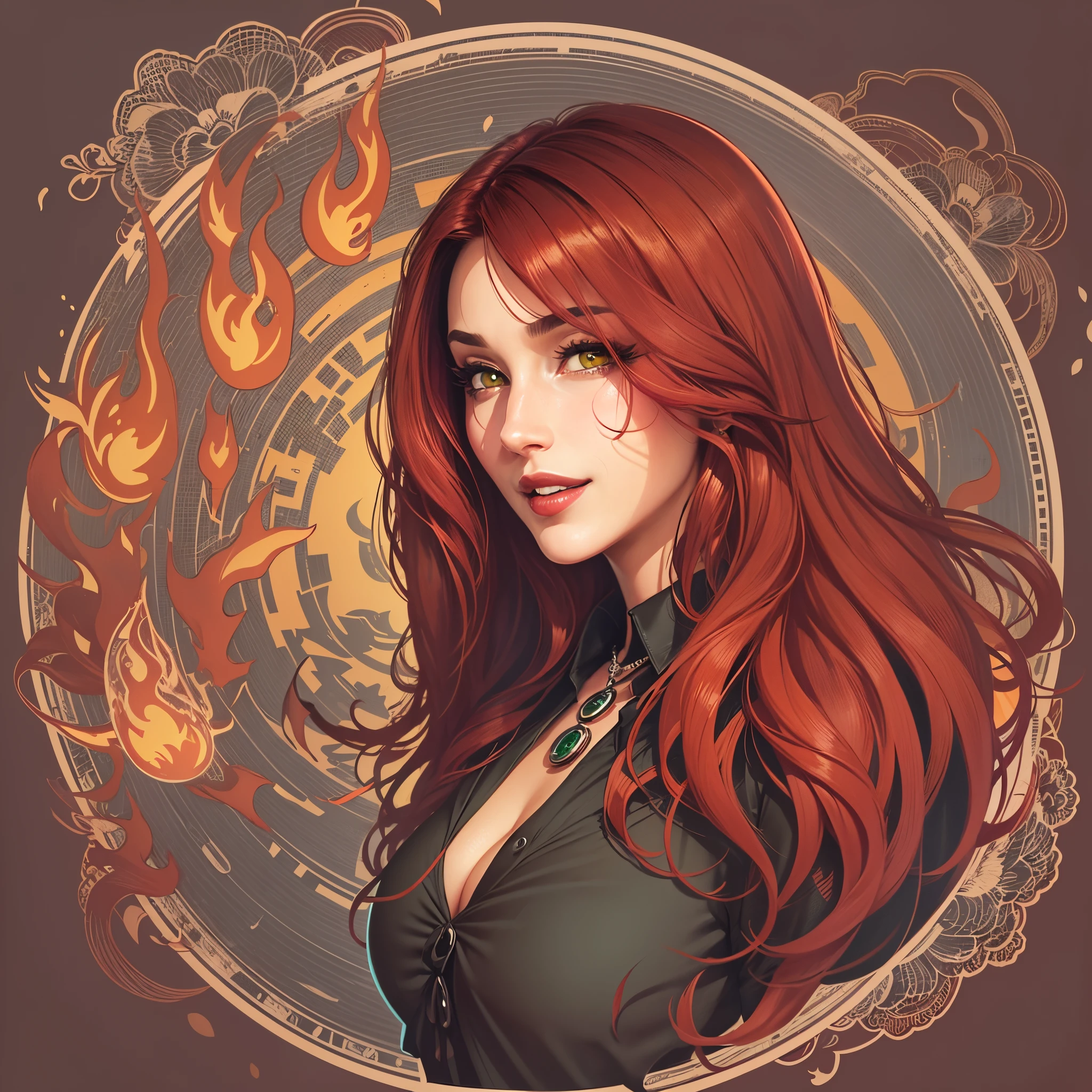 (Sticker),whitebackground,((in a circle)), Adult woman, Monica Bellucci's Face, straight long hair, scarlet red hair, green-yellow eyes, mole under the left eye, pendant around the neck, happy face, A big smile, dark makeup, (black fantasy blouse:1.3). Outline red, Flame background, Ultra Detailed, Detailed drawing, Vectorized, 8K, Professional sticker design, Flat design, Vector lines, Sticker, Full-HD.