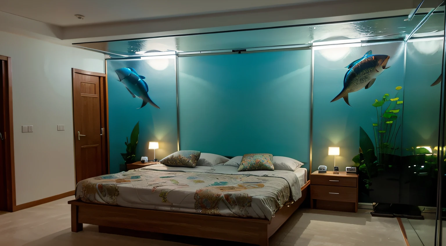 Double bedroom with aquarium glass wall with several colorful fish