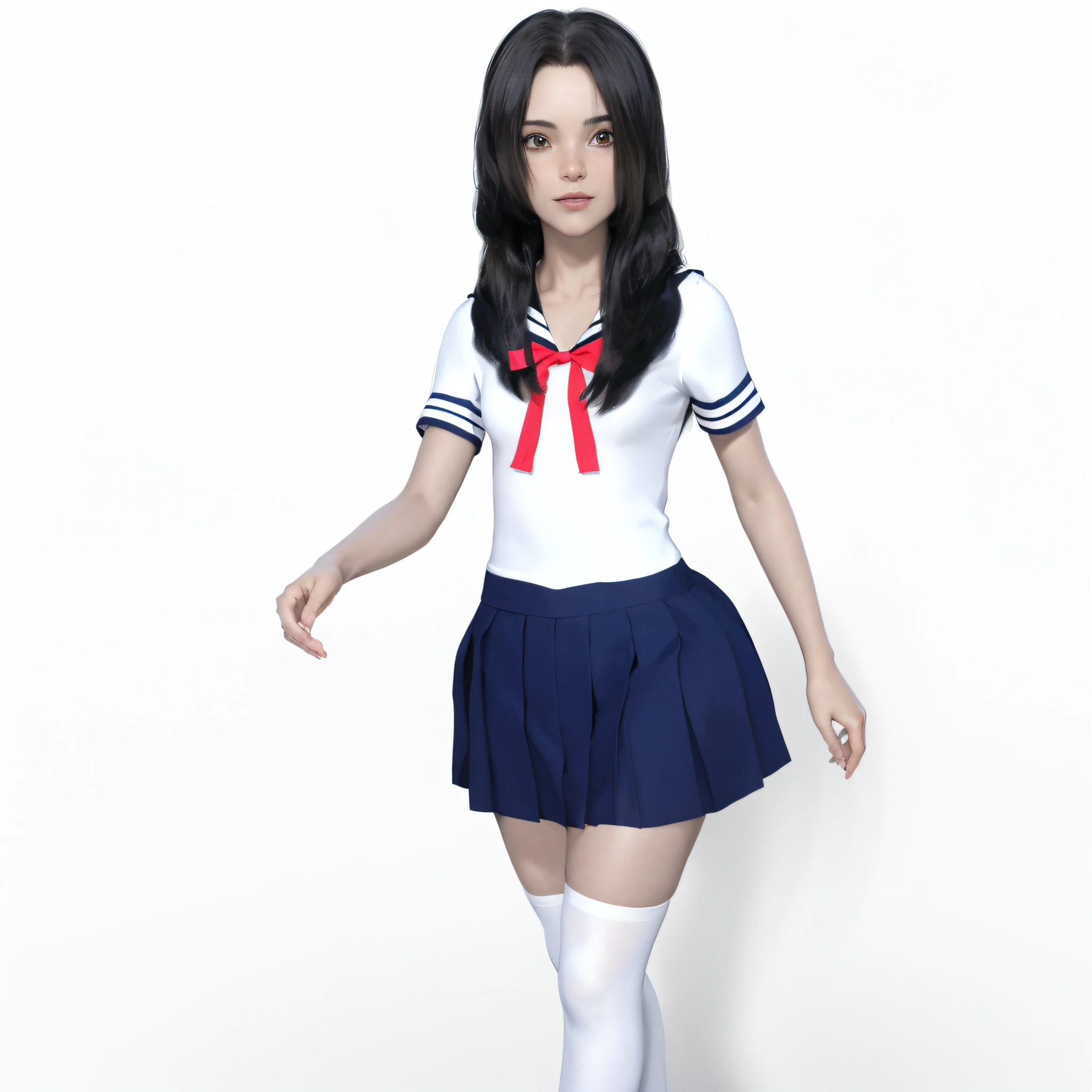 (Porcelain Doll:1.2)、Japanese high school girl、 (Full body portrait), (Please show me your whole body), Black Hair、Short Bob、beret、White short-sleeved sailor dress、Dark blue school skirt, School socks, School Loafers、White skin、Innocent, beautiful、 Slim figure, Intricate details、Very finely crafted fingers, (Standing casually),(No logos on background), (No logo), ((Plain background))、((Blank Background))、((A plain background))、3d、(Highest quality,4K,High resolution,masterpiece)、4K、wallpaper、