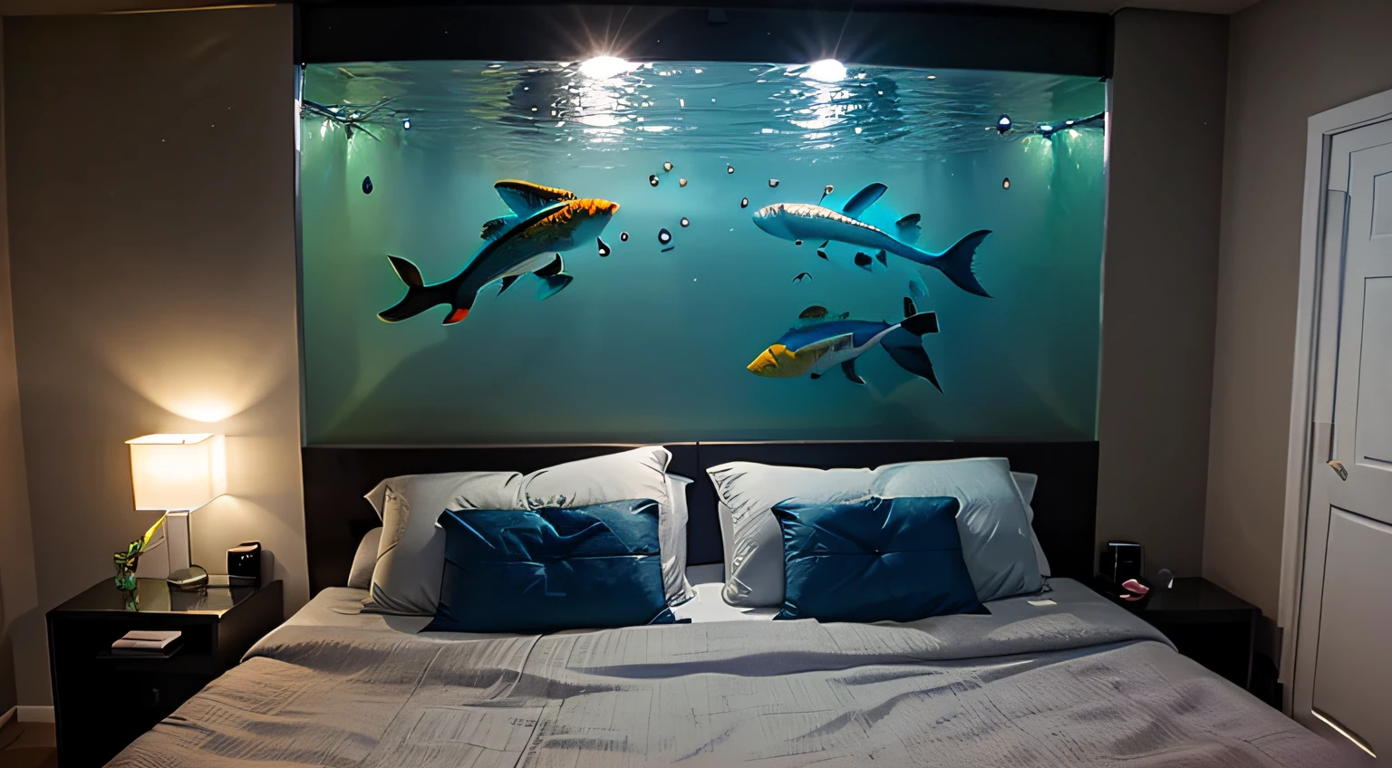 Double bedroom with aquarium glass wall with several colorful fish