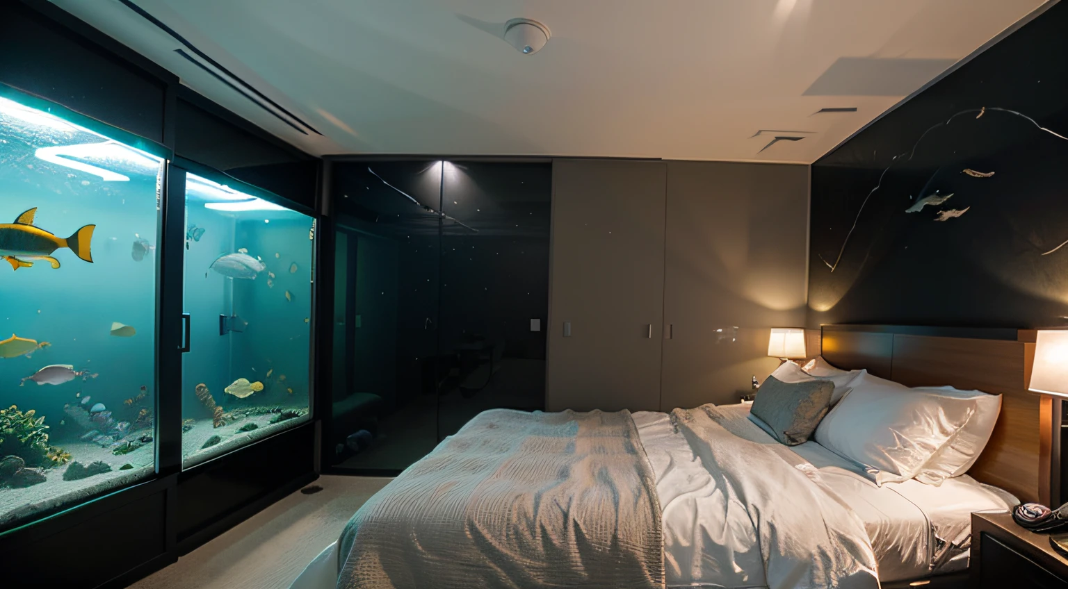 Double bedroom with aquarium glass wall with several colorful fish