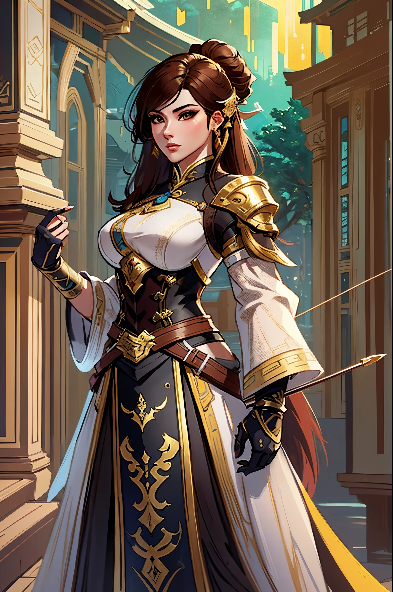 a close up of a woman in her 30's, with brown eyes and brown hair, wearing a black and tan arabian styled clothes, a heroine with brown eyes, female holding bow and arrow, female archer with bow and arrow, standing in an arabian temple, new costume concept design, in the style of blade and soul, full body character concept, detailed character design, inspired by Yang Jin, inspired by Li Mei-Shu, chinese costume, inspired by Lan Ying, inspired by Sim Sa-Jeong, inspired by Li Tang, lunar themed attire, costume with gold accents, inspired by Ju Lian, colored concept art, highly detailed character design, highly detailed face, inspired by Ai Xuan, very highly detailed face, unreal engine render, final fantasy 14 style, inspired by Leng Mei