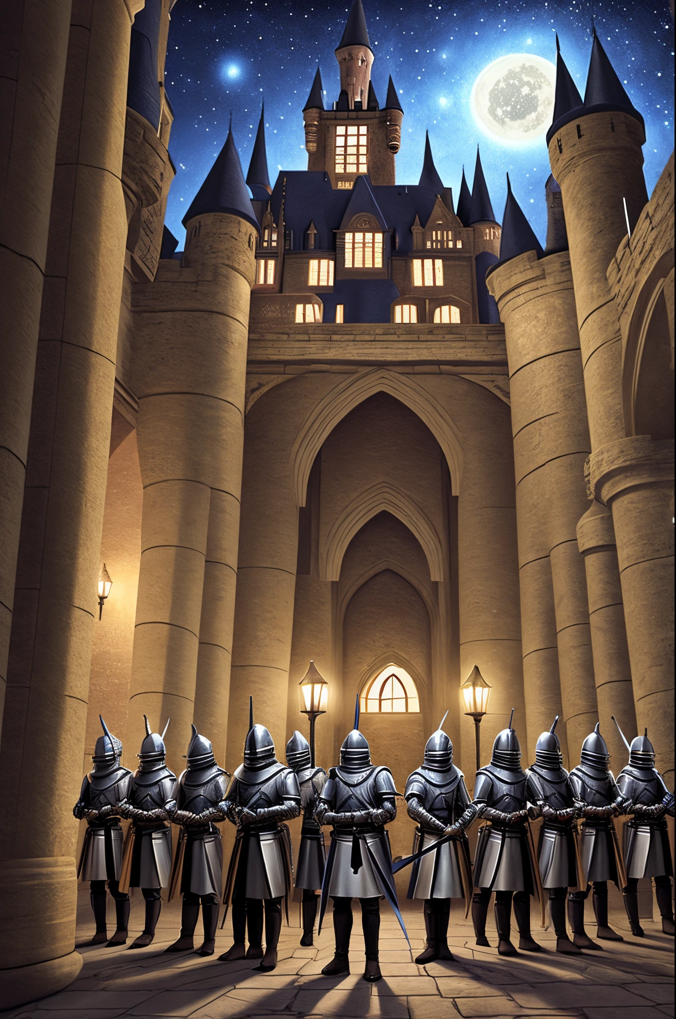 Knights wielding swords are guarding a large hall in a castle at night. Realistic