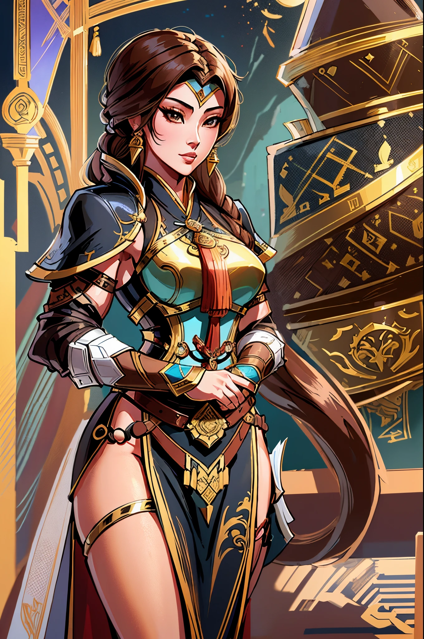 a close up of a woman in her 30's, with brown eyes and brown hair, wearing a black and tan arabian styled clothes, a heroine with brown eyes, female holding bow and arrow, female archer with bow and arrow, standing in an arabian temple, new costume concept design, in the style of blade and soul, full body character concept, detailed character design, inspired by Yang Jin, inspired by Li Mei-Shu, chinese costume, inspired by Lan Ying, inspired by Sim Sa-Jeong, inspired by Li Tang, lunar themed attire, costume with gold accents, inspired by Ju Lian, colored concept art, highly detailed character design, highly detailed face, inspired by Ai Xuan, very highly detailed face, unreal engine render, final fantasy 14 style, inspired by Leng Mei