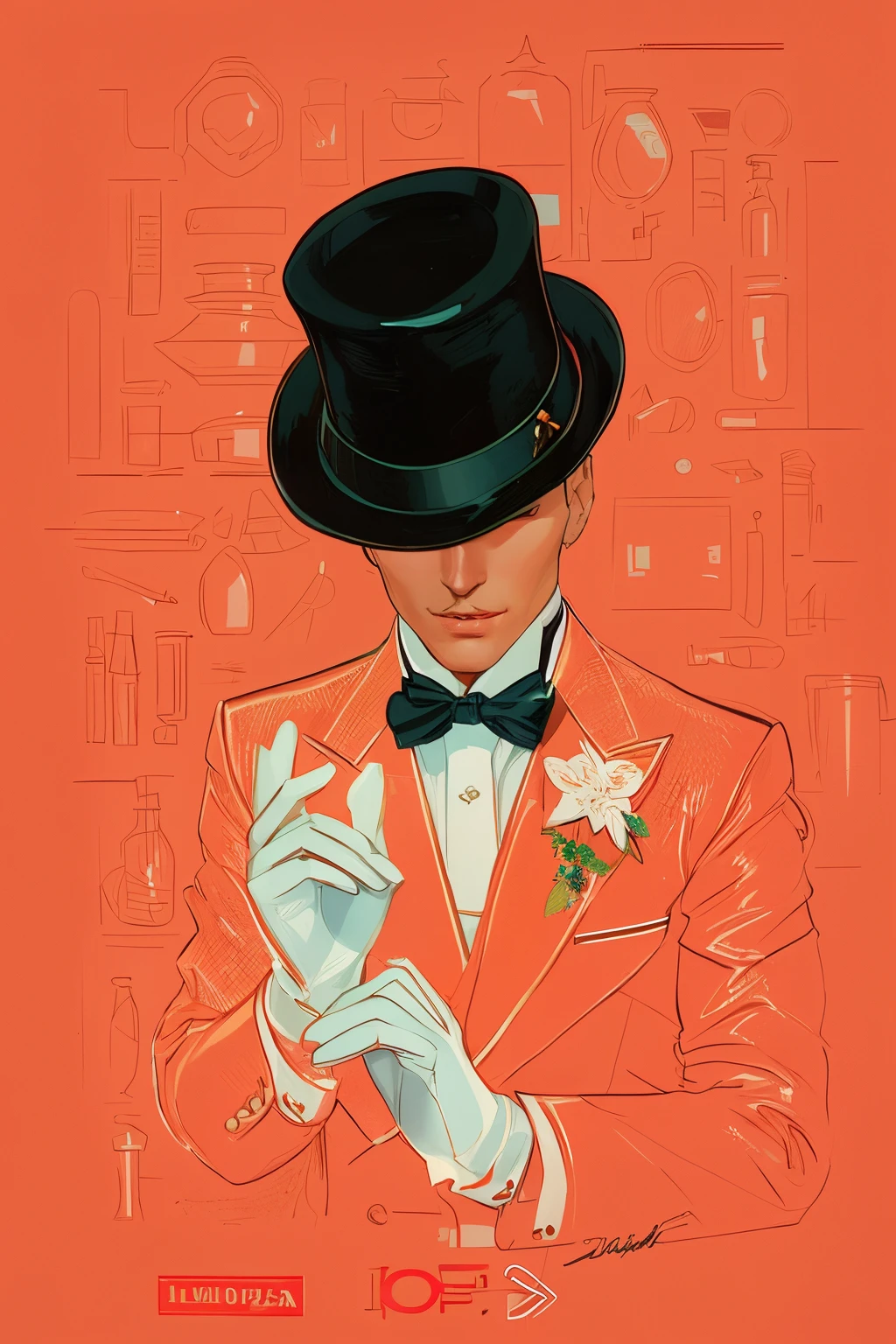 pintura de um homem de cartola e gravata borboleta, Otto Schmidt, Jen Bartel, Estilo Leyendecker, Directed by: Olivia de Berardinis, Directed by: Victor Mosquera, inspirado em J. C. Leyendecker, inspirado em J.C. Leyendecker, parte estilo leyendecker, illustration art, Inspirado por Joseph Christian Leyendecker