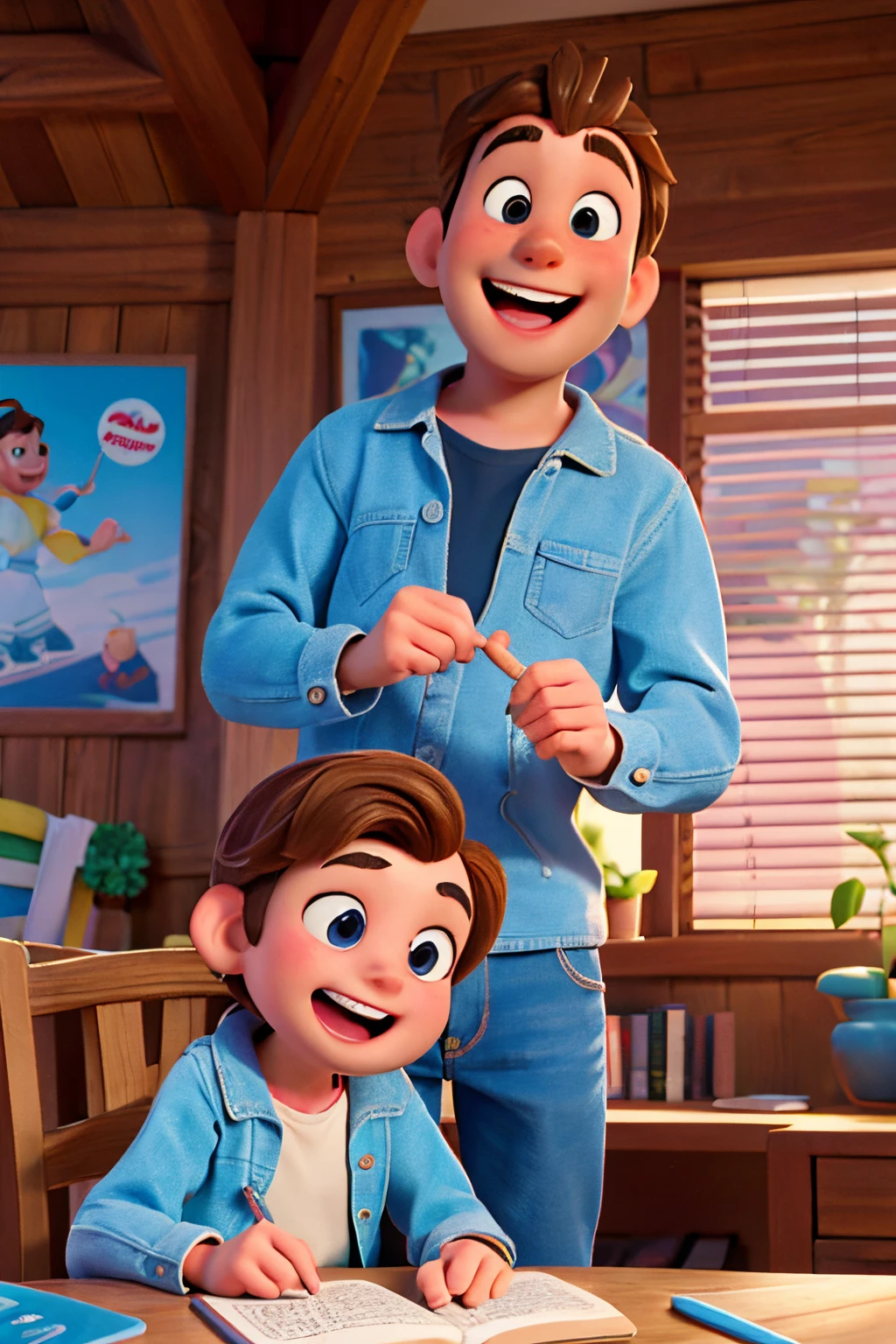 A father, a boy, and a girl, all laughing with big laughter, cover of a children's book, (best quality, 4k, 8k, highres, masterpiece:1.2), Disney Pixar style.