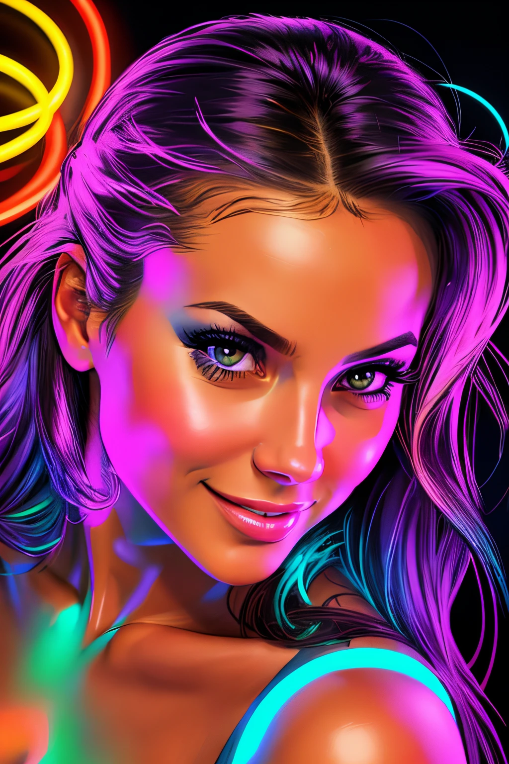 analog style, woman, (neon lights:1.1), glowing colors, (thepit bimbo:0.5), glossy, sexy,

[Nina Dobrev|Lana Del Rey],, looking at viewer, naughty smile,  symmetric, centered, closeup, extreme closeup, upper body, cleavage focus,
milf, feminine, athletic, fit, high, tan skin, european, minidress, excited, smile, glowsticks,  disco,
gold outline,
[(colorful explosion psychedelic paint colors:1.1)::0.125],
iridescent, chromatic aberration, studio lights, bright light, glowing skin,
realistic body proportions, realistic, photo-realistic, 8k, highly detailed,
led light, laser lights,good