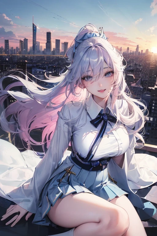 official art, masterpiece, sharp focus, (beautiful gorgeous cute Korean woman:1.3), (beautiful cute korean:1.3), korean beauty, Delicate and beautiful hair and eyes and face, realistic, ultra detailed, beautiful girl, blue sky, glow white particle, (sidelighting:1.2), sun light, white cloud, detailed clouds, slender, Lovely very large breasts and very large hips, smile with teeth, ((smile with eyes, open both eyes)), scenery, long straight hair, sexy facial expression, building, (cityscape:1.7), dynamic hair, long straight hair, detailed platinum pink hair, glow blue eyes, (blue pleated shirts + white skirt), white long socks, pale skin, hair ornament, epic scenery,