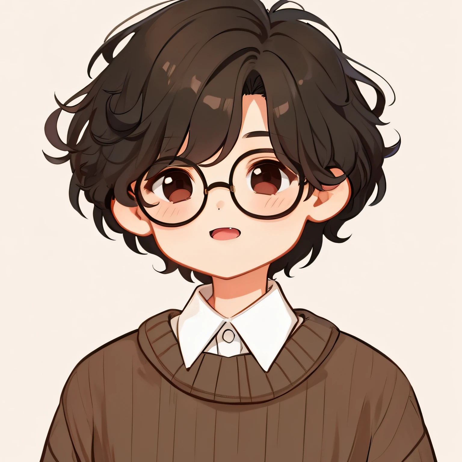 anime boy with glasses and a sweater, Retrato realista kawaii, en un estilo anime, Anime Moe Artstyle, Retrato estilo anime, con el pelo corto, Hagrid en lindo estilo anime, con gafas, en estilo anime, Lindo estilo de arte, Retrato de Lofi, Gafas redondas potter, Linda sonrisa ligeramente nerd, Retrato de Harry Potter, Lindo retrato, Retrato de alta calidad, Personaje de estilo anime, Open mouth, defined mouth