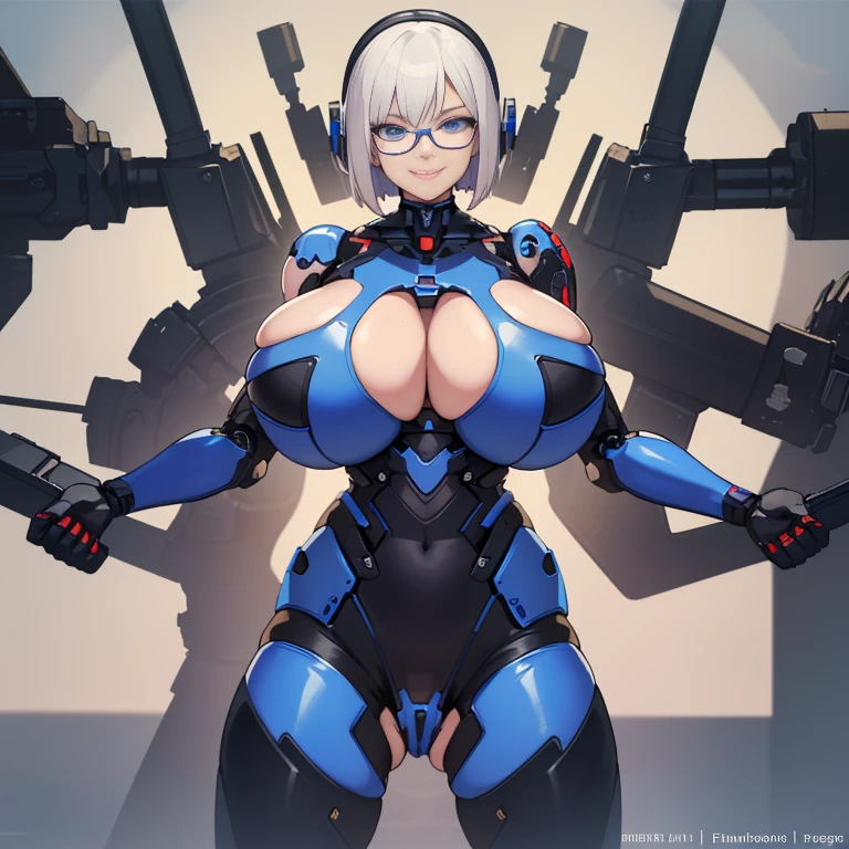(1 cyborg woman)),((????????????, ????? ?????)),((urethral insertion)),((standing in front of the viewer with ??????????)),((short white hair, blue eyes, with glasses, smile malignant)),