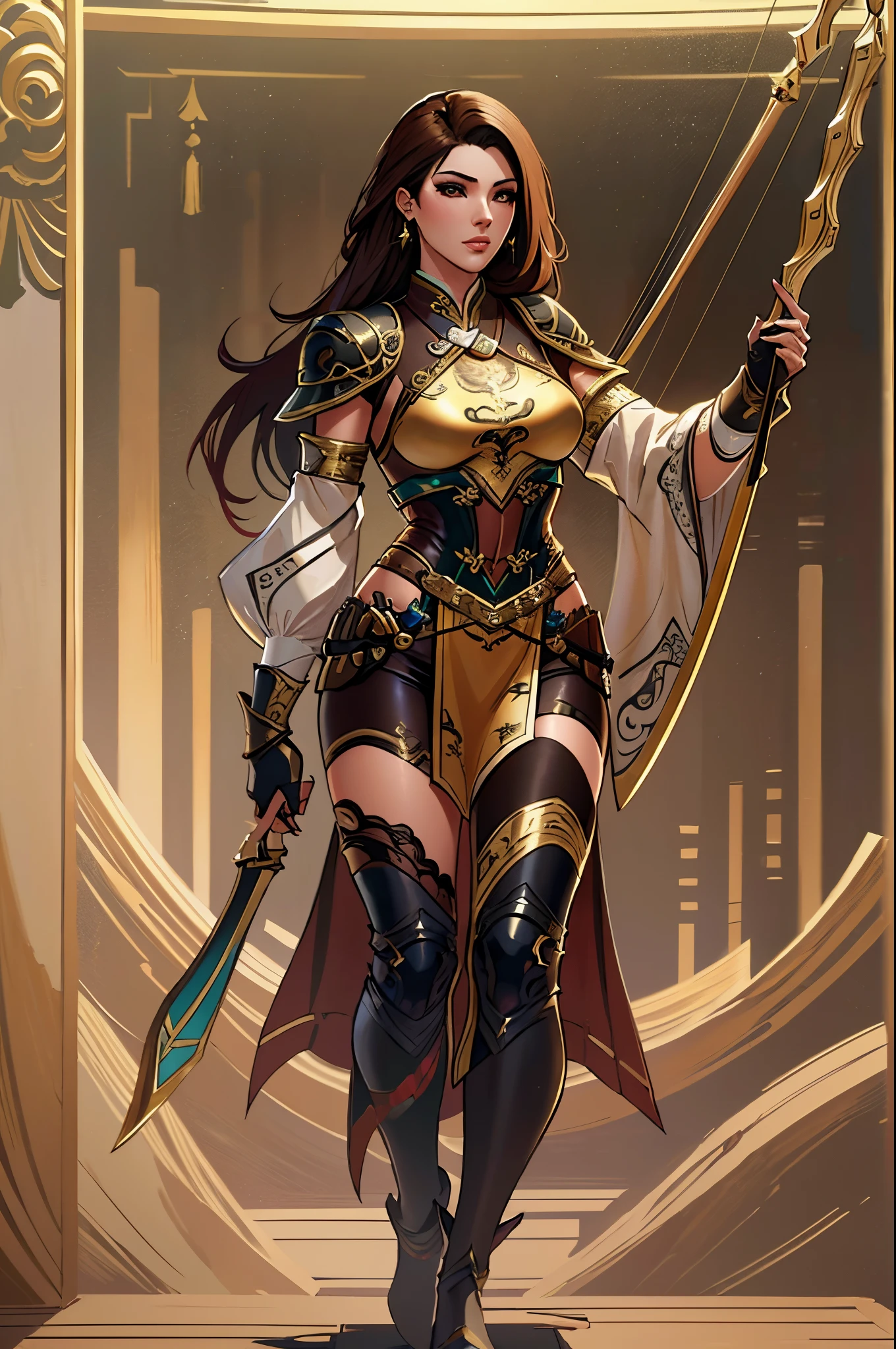 a close up of a woman in her 30's, with brown eyes and brown hair, wearing a black and tan arabian clothes, a heroine with brown eyes, female holding bow and arrow, female archer with bow and arrow, standing in an arabian temple, new costume concept design, in the style of blade and soul, full body character concept, detailed character design, inspired by Yang Jin, inspired by Li Mei-Shu, chinese costume, inspired by Lan Ying, inspired by Sim Sa-Jeong, inspired by Li Tang, lunar themed attire, costume with gold accents, inspired by Ju Lian, colored concept art, highly detailed character design, highly detailed face, inspired by Ai Xuan, very highly detailed face, unreal engine render, final fantasy 14 style, inspired by Leng Mei