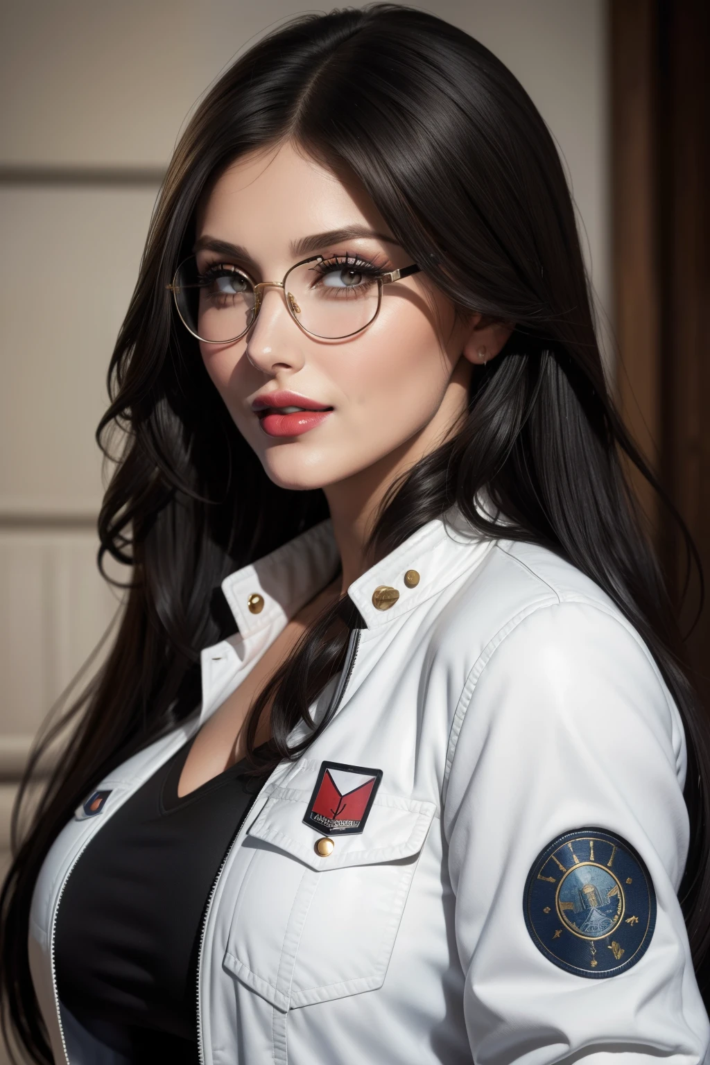 lucy pinder, face portrait, smiling, ((very intense makeup)), ((natural Lipstick)), voluptuous, long hair, black hair, straight hair, glasses, white jacket, blue jeans