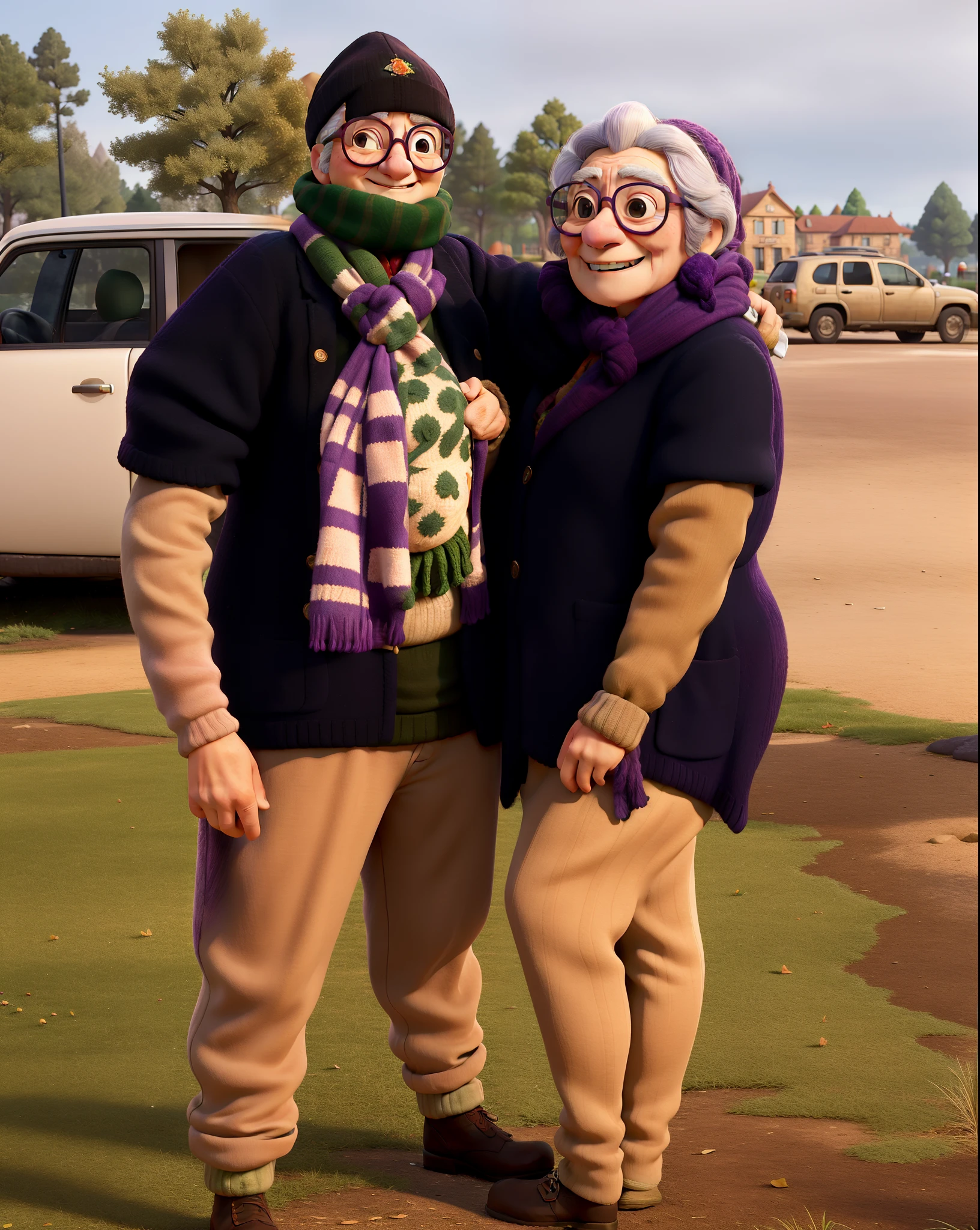 masterpiece, best quality, an old woman with glasses and a scarf on, wearing a purple coat and green scarf, standing at the park