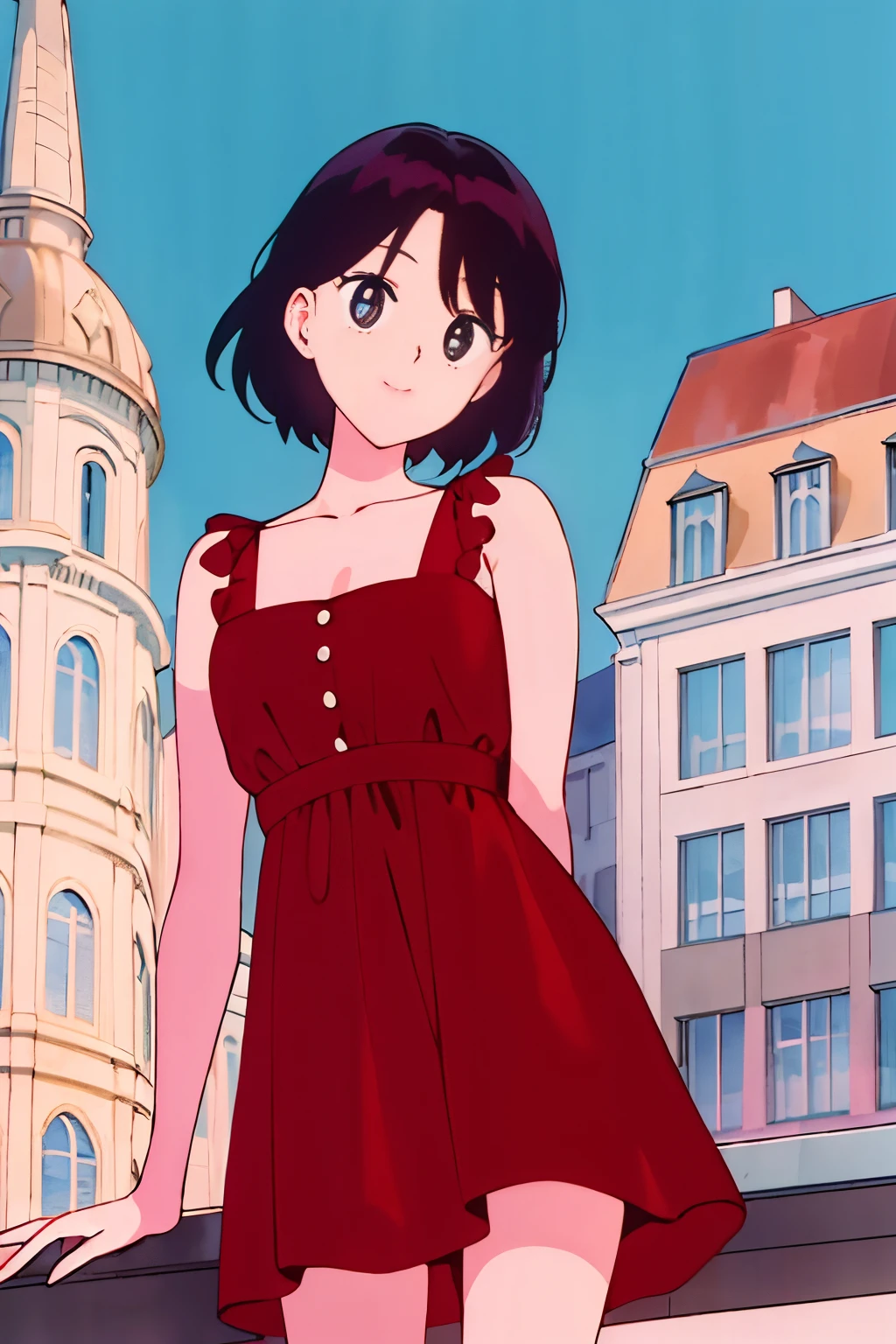 Best quality, Masterpiece, 1fille, light smile, Regarder le spectateur, cheveux rouges, Cheveux courts, ville, sundress,Tir de cowboy, arm behind back,