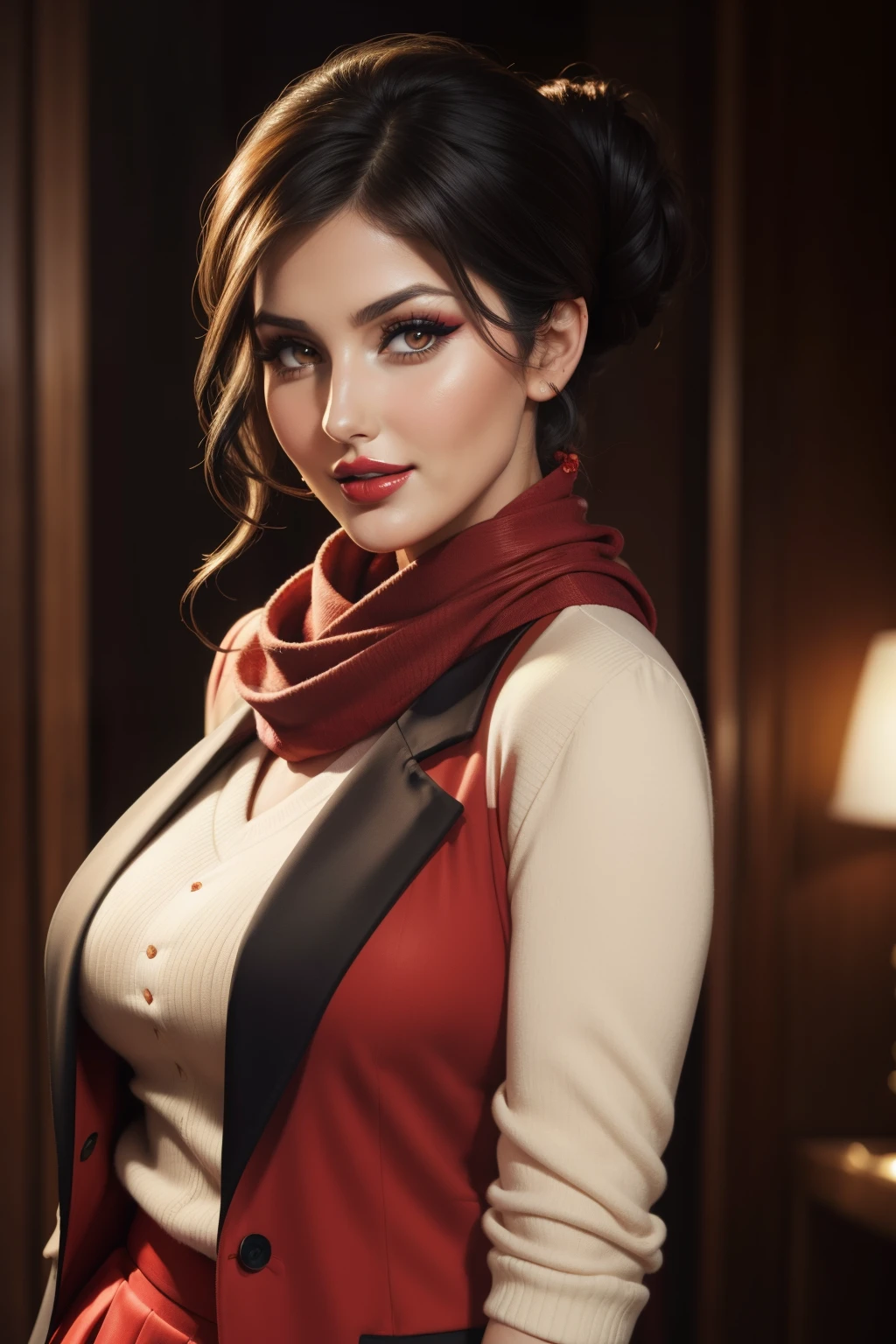 8K,Mature Thief Woman、(The skin:1.1)、(fleece:1.2)、North Shore、interiors、(ArtStation:1.2)、(Realism of the epic:1.3)、(HDR:1.4)、(violetshot:0.7)、intricate detailes、(Rutkowski:0.8)、Convoluted、Cinematic、detaileds、Subdued Color、Super beauty(Like the real thing),超A high resolution,real looking skin,Beautiful expression,Red Sexy Exterior,(Precise embroidery)Red tight skirt,Precise details,