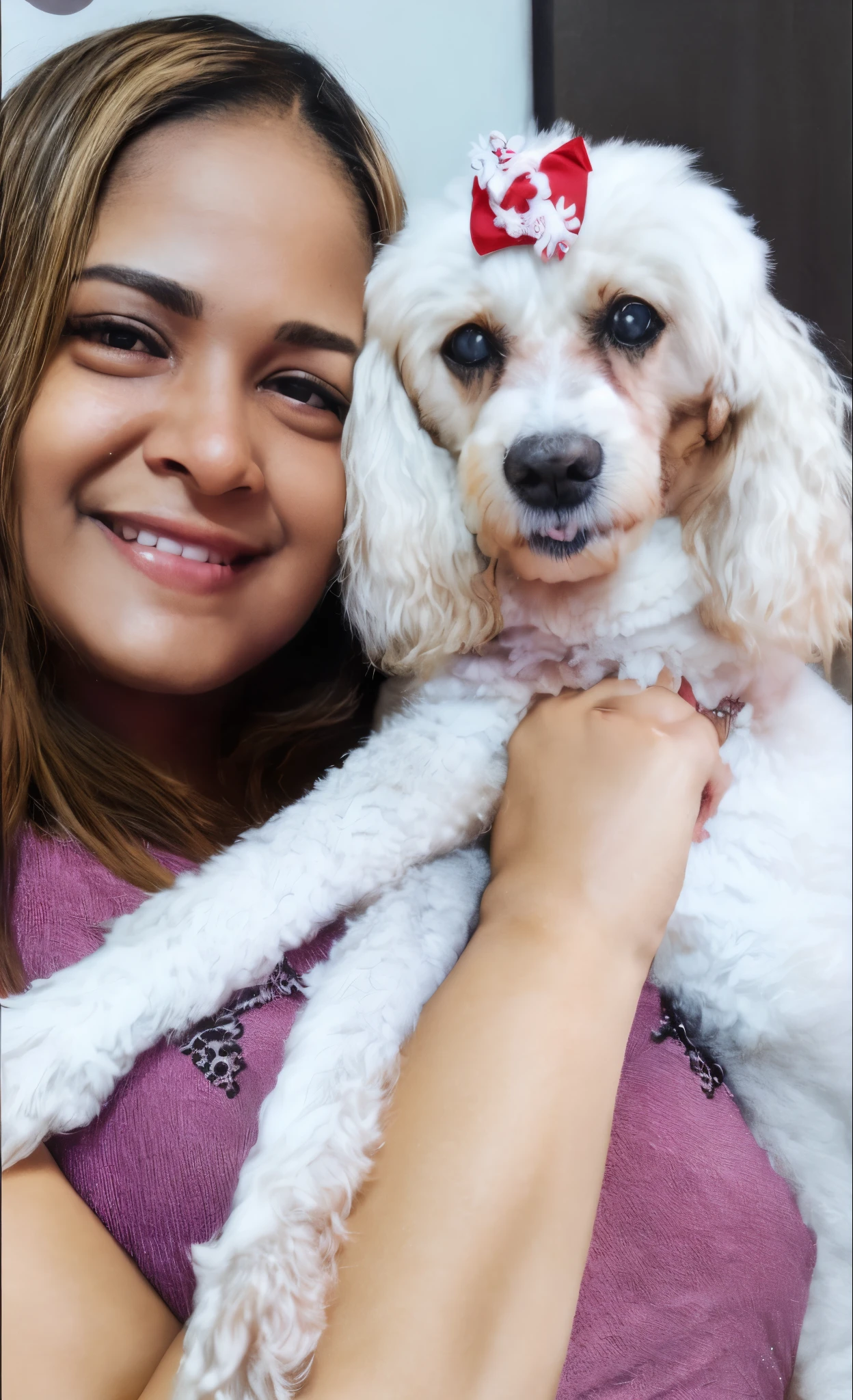 Mulher de cabelo preto,  blusa rosa, holding a white poodle dog with red bow on its head (anime)
