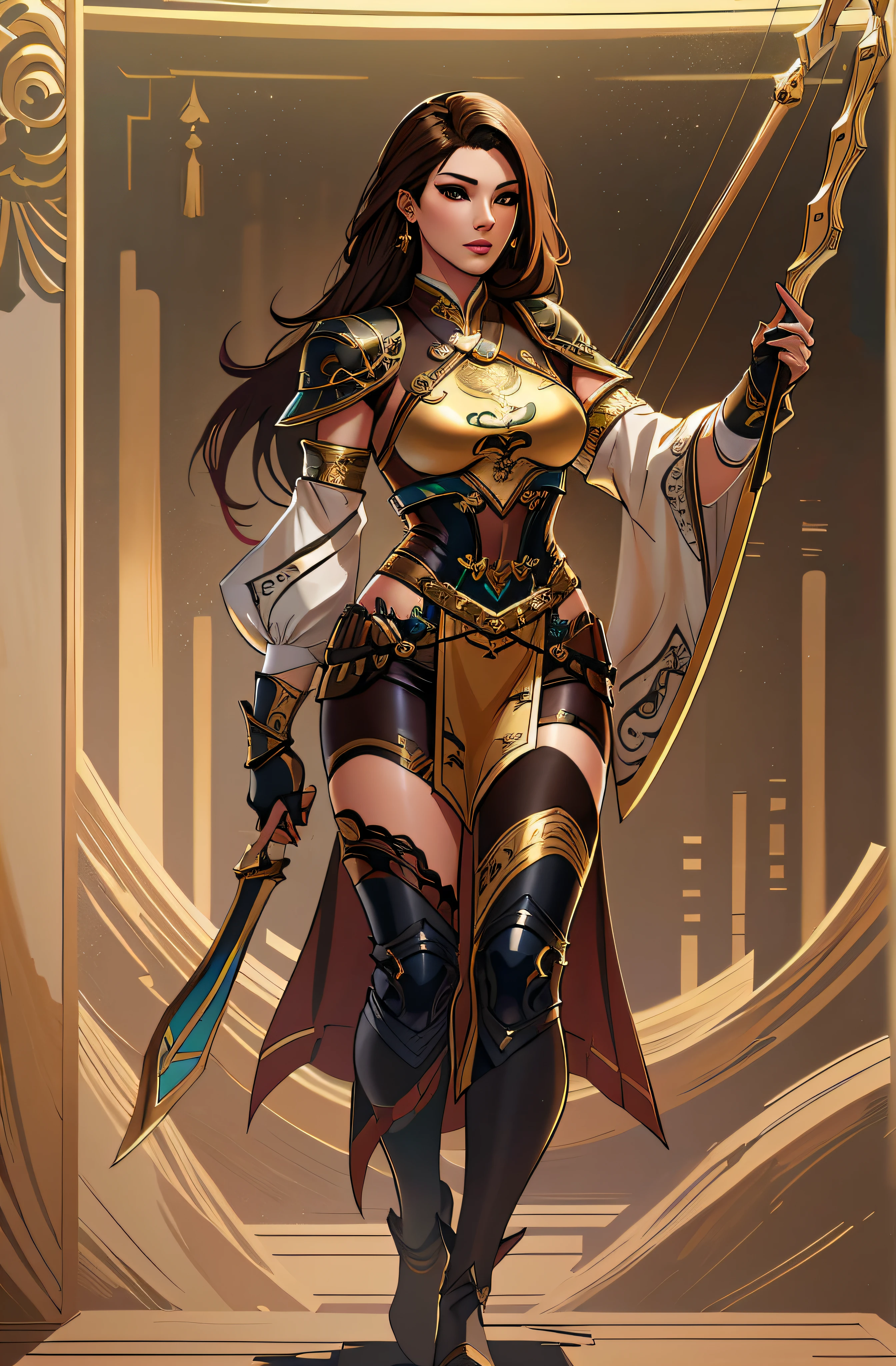 a close up of a woman in her 30's, with brown eyes and brown hair, wearing a black and tan arabian clothes, a heroine with brown eyes, female holding bow and arrow, female archer with bow and arrow, standing in an arabian temple, new costume concept design, in the style of blade and soul, full body character concept, detailed character design, inspired by Yang Jin, inspired by Li Mei-Shu, chinese costume, inspired by Lan Ying, inspired by Sim Sa-Jeong, inspired by Li Tang, lunar themed attire, costume with gold accents, inspired by Ju Lian, colored concept art, highly detailed character design, highly detailed face, inspired by Ai Xuan, very highly detailed face, unreal engine render, final fantasy 14 style, inspired by Leng Mei