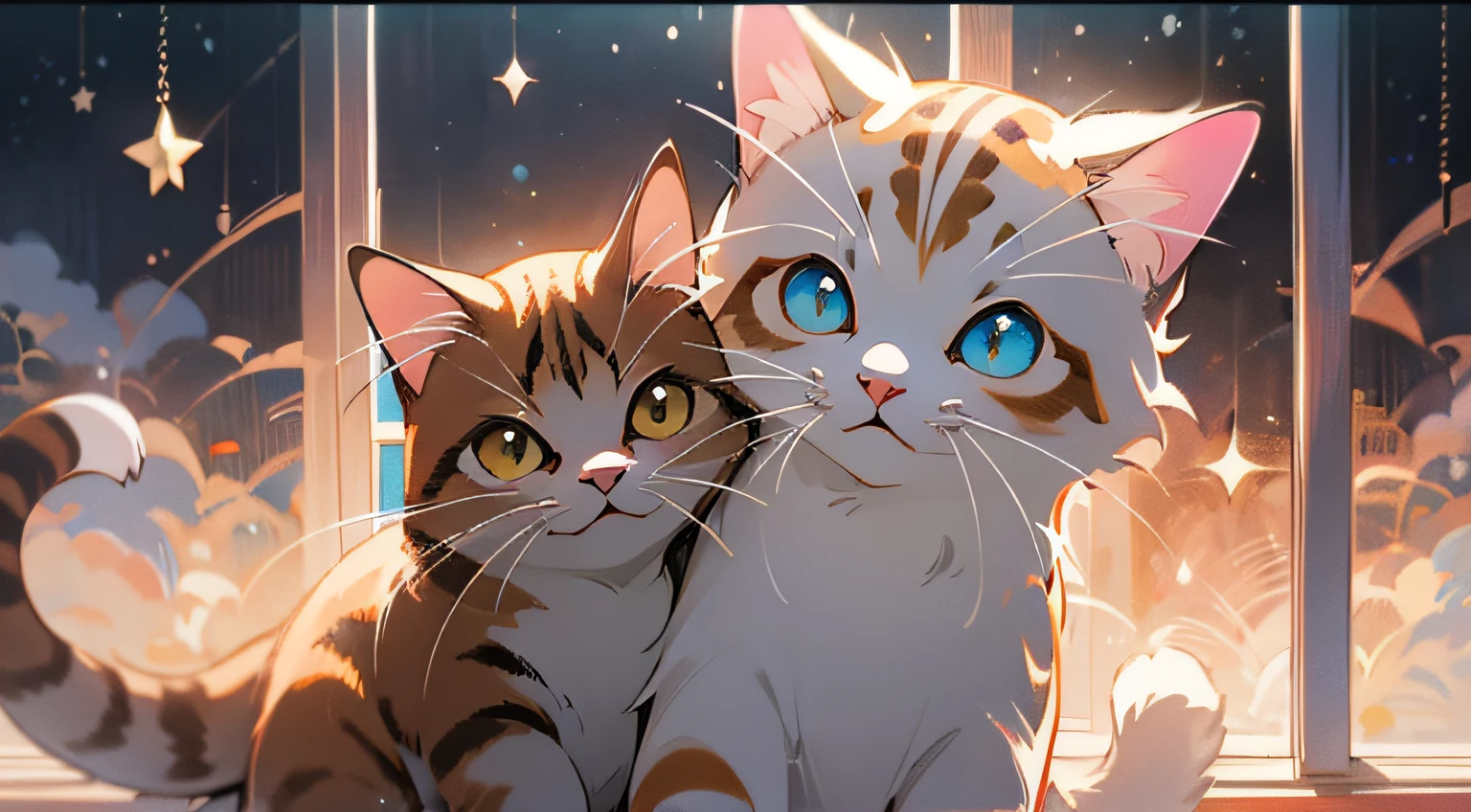 A kitten, GingerCat、cat-like pose and expression, Hayabusa Miyazaki's style、striped tail、the bow、florals、window、Skysky、Meiji Art、bright colored paint、Rich Layers、Realistic figurative painting、Realistic ultra-detailed portrait style、new traditional japan、Soft Edge、marvelous illustration、(the Extremely Detailed CG Unity 8K Wallpapers)、clean back ground、natural soft light、top-quality、ultra-detailliert、sock cat, Christmas Decorations,