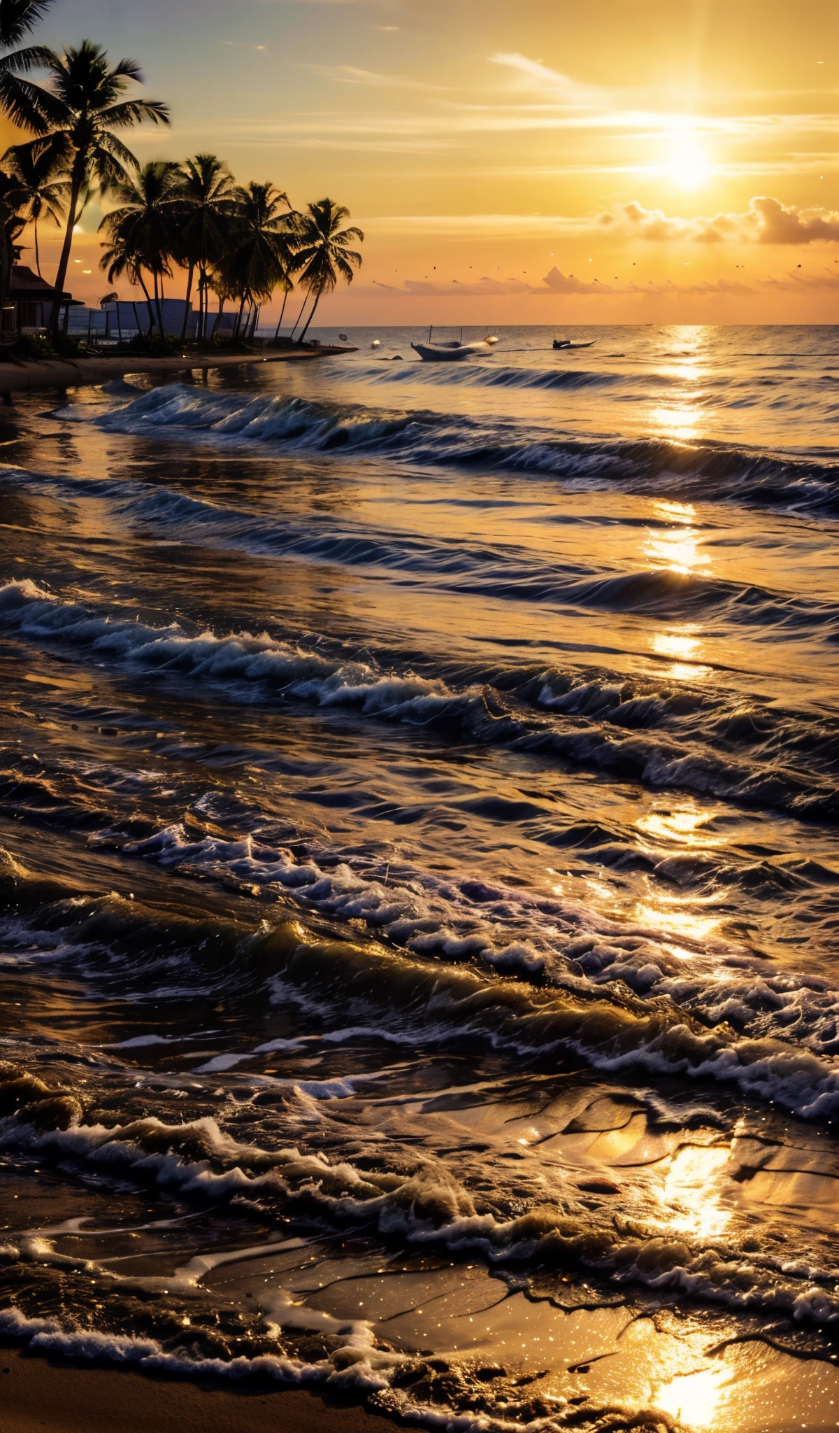 (best quality, 8k, very high resolution, master piece: 1.2), paradisiacal beach at dusk, the golden light of the sun reflects on the calm water, silhouettes of palm trees highlighted on the horizon, fishermen's boats at anchor, detail in the sun's reflections on the wet sand , Photography, DSLR camera, 50mm lens,