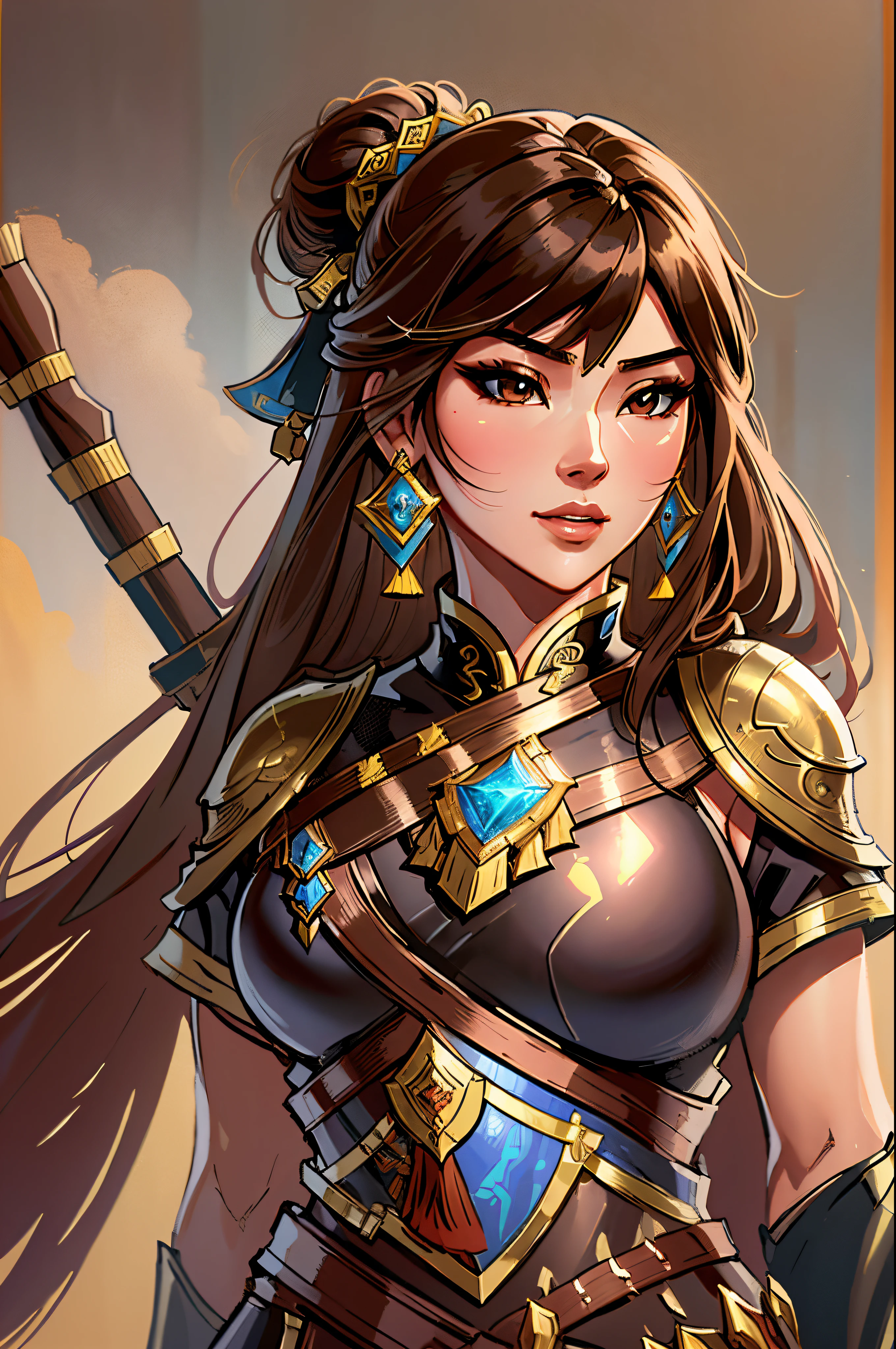 a close up of a woman in her 30's, with brown eyes and brown hair, wearing a black and tan arabian clothes, a heroine with brown eyes, female holding bow and arrow, female archer with bow and arrow, standing in an arabian temple, new costume concept design, in the style of blade and soul, full body character concept, detailed character design, inspired by Yang Jin, inspired by Li Mei-Shu, chinese costume, inspired by Lan Ying, inspired by Sim Sa-Jeong, inspired by Li Tang, lunar themed attire, costume with gold accents, inspired by Ju Lian, colored concept art, highly detailed character design, highly detailed face, inspired by Ai Xuan, very highly detailed face, unreal engine render, final fantasy 14 style, inspired by Leng Mei