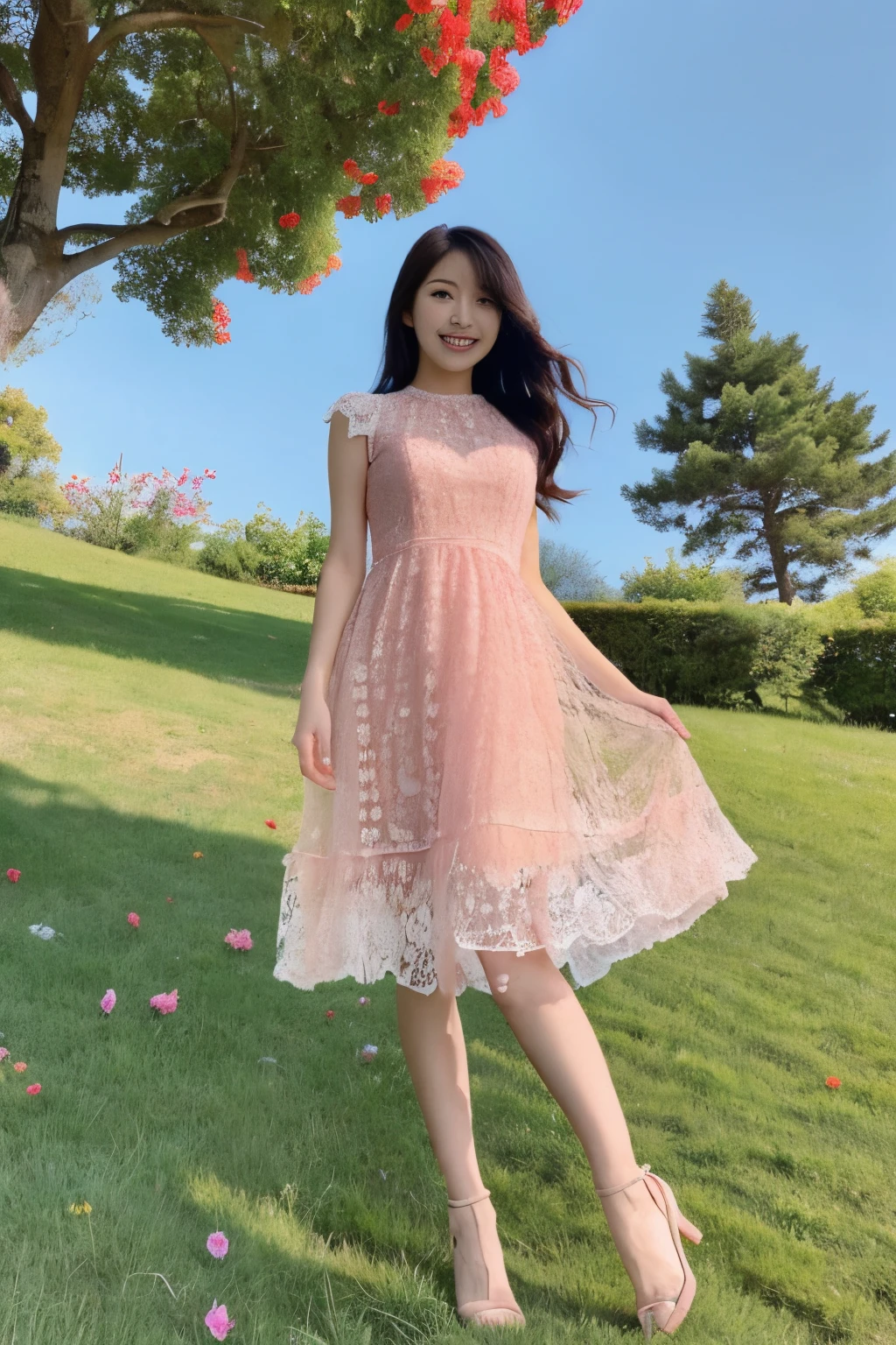 High-definition image of the Sky Tree,Beautiful woman full body high definition image,On a hill where you can see the Sky Tree in the distance,Skeleton lace dress pink dress figure,fullbody image,in appearance,Red flowers are blooming,Sexy full body images,fullbody image,beautiful woman smiling at camera,