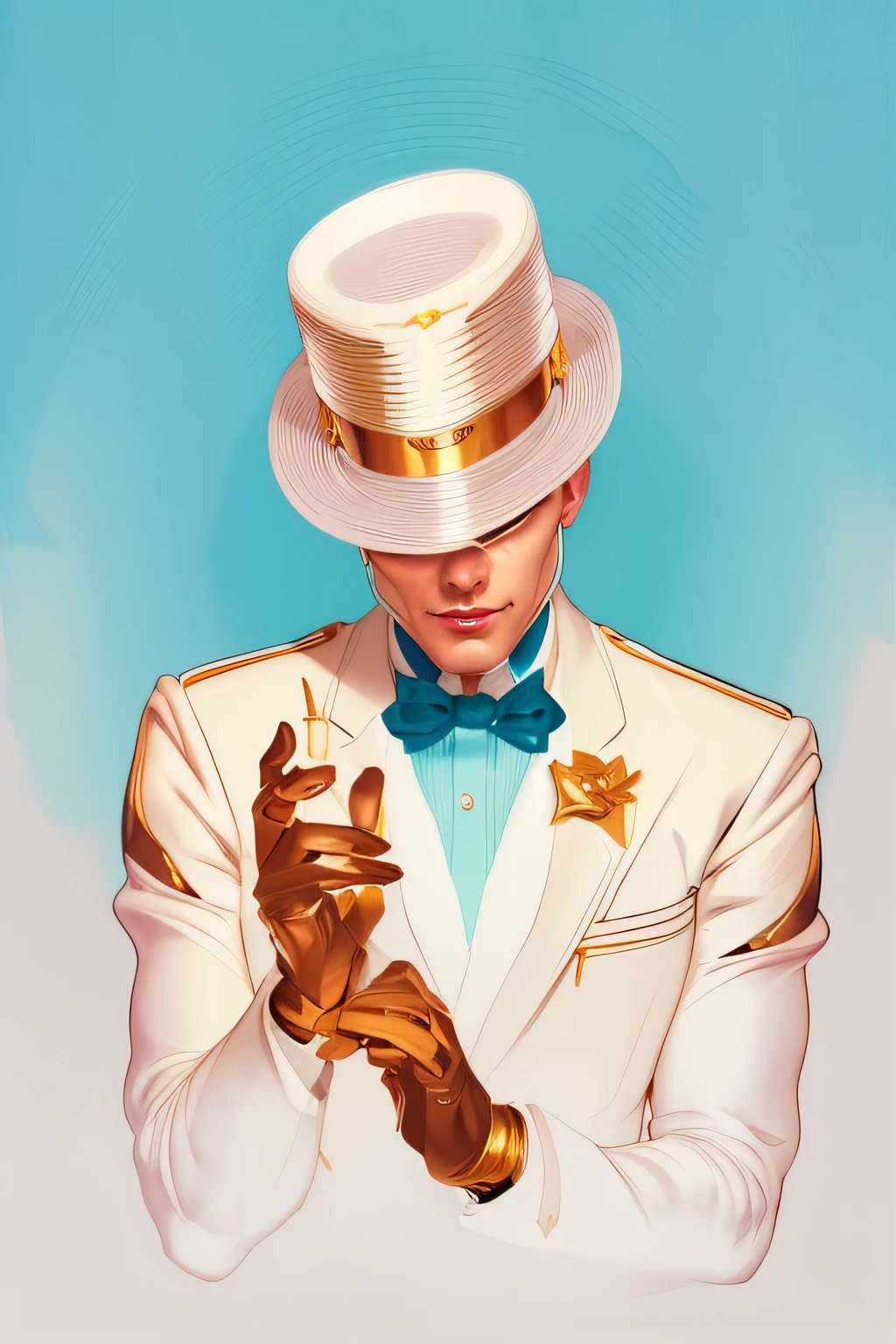 pintura de um homem de cartola e gravata borboleta, Otto Schmidt, Jen Bartel, Estilo Leyendecker, Directed by: Olivia de Berardinis, Directed by: Victor Mosquera, inspirado em J.C. Leyendecker, inspirado em J. C. Leyendecker, parte estilo leyendecker, illustration art, Inspirado por Joseph Christian Leyendecker