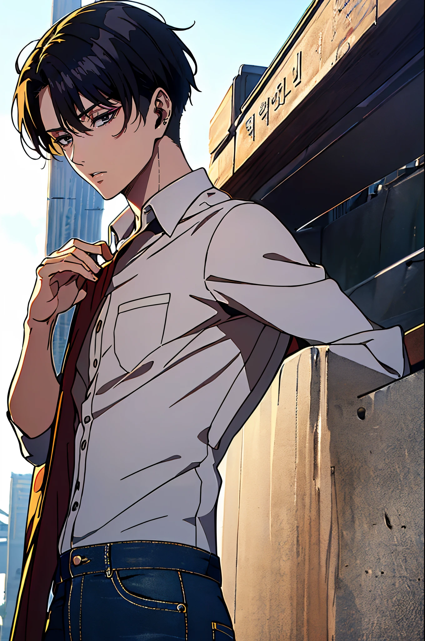 ((4K works))、​masterpiece、（top-quality)、((high-level image quality))、((One Manly Boy))、Slim body、((Attractive and sexy jeans fashion))、((Men's Fashion))、(Detailed beautiful eyes)、town in the morning、Levi Ackerman、((short hair above the ears))、((Smaller face))、((Neutral face))、((Korean boy))、((28 year old))、((Handsome man))、((sings))、((Korean Makeup))、((elongated and sharp eyes))、((Black eyes))、((Like a celebrity))、Everyday photography、((Shot alone))、((Shot diagonally from the side))、((Upper body photography))、((Artist Photos))