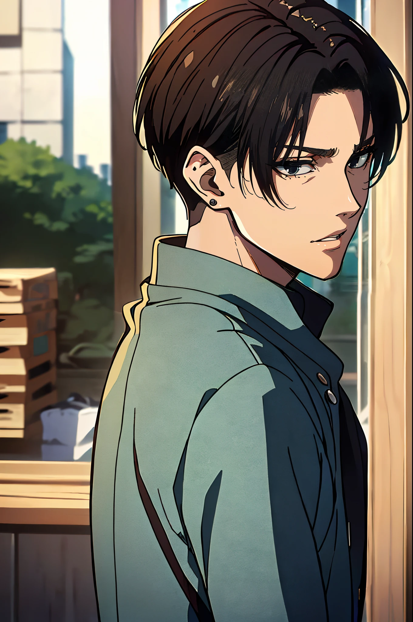 ((4K works))、​masterpiece、（top-quality)、((high-level image quality))、((One Manly Boy))、Slim body、((Attractive and sexy jeans fashion))、((Men's Fashion))、(Detailed beautiful eyes)、town in the morning、Levi Ackerman、((short hair above the ears))、((Smaller face))、((Neutral face))、((Korean boy))、((28 year old))、((Handsome man))、((sings))、((Korean Makeup))、((elongated and sharp eyes))、((Black eyes))、((Like a celebrity))、Everyday photography、((Shot alone))、((Shot diagonally from the side))、((Upper body photography))、((Artist Photos))