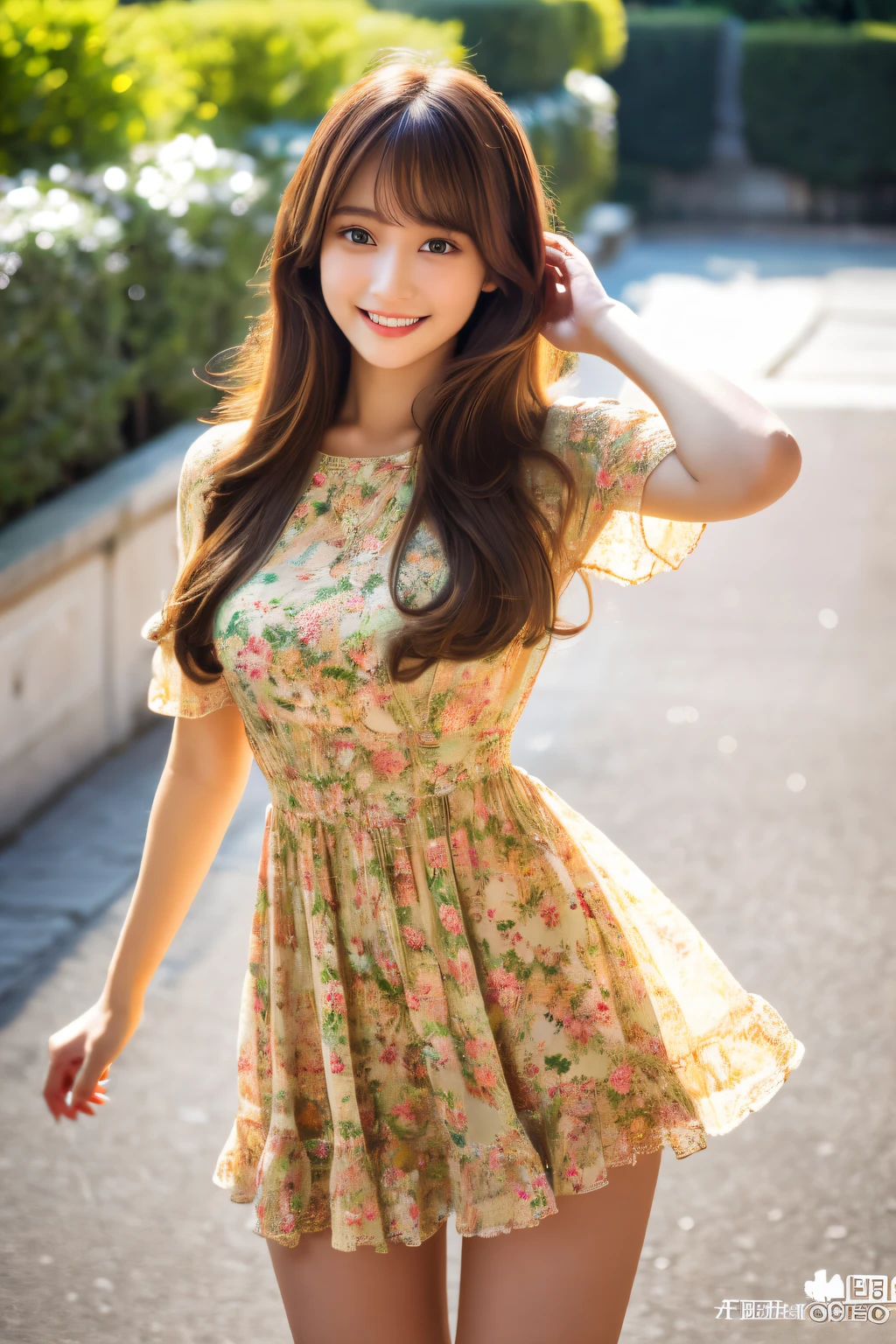 High resolution, Best Quality, masutepiece, Ultra high definition, Ultra high definition, A hyper-realistic, 。.3D, ,  Solo,Full-body high-definition images, Very beautiful and cute woman in her 20s, She wore a light floral miniskirt length dress、Flapping wings, Her hair is moving, Full body, Great perfect proportions, Glossy light brown medium hair, High layer cut,  Bright eyes, Happy, Shy