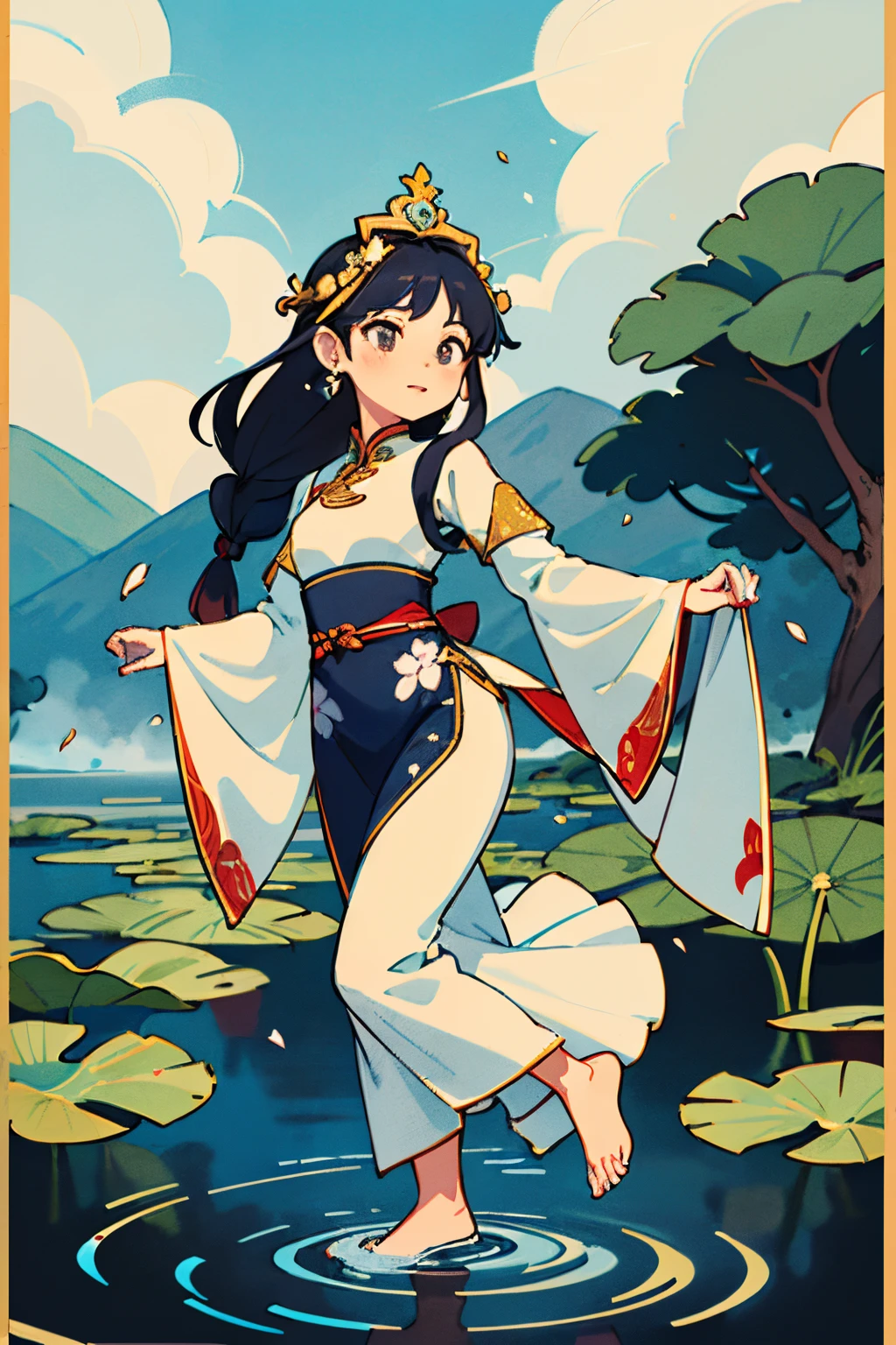 In the painting, imagine Au Co standing on a high mountain, with her feet touching the ground, creating a feeling of stability and strength. She has long, silky hair that flutters in the air as if she is immersed in the melody of nature. Au Co wears a traditional Vietnamese ao dai with delicate borders and patterns, expressing the traditional nobility and beauty of Vietnamese women. The color of the ao dai can be diverse, depending on the creativity of the artist. On Au Co's head, there is a lotus crown, symbolizing her nobility and purity. The crown can be painted in gold or silver for added splendor. Au Co looked into the distance with eyes full of insight and knowledge. Her gaze can be drawn bright and clear to honor her wisdom. Around Au Co, there are lotus petals and green plants, symbolizing the life and prosperity of the country. Lotus petals can be painted with vibrant colors, bringing fresh beauty and joy to the painting. Au Co wears a traditional ao dai, with delicate borders and patterns. The color of the ao dai can be bright red or yellow, symbolizing luck and prosperity. She has long, silky hair tied up in a traditional style braid. Some hair strands gently escape, creating a natural and unrestrained beauty. Au Co is holding a water hyacinth in her hand, containing transparent water. This symbolizes her position as a water deity and symbol of life and growth. On the green natural background, there are white clouds passing by, creating a peaceful and rustic feeling. The sunlight shines down, creating passionate shadows, creating movement and life for the painting.
